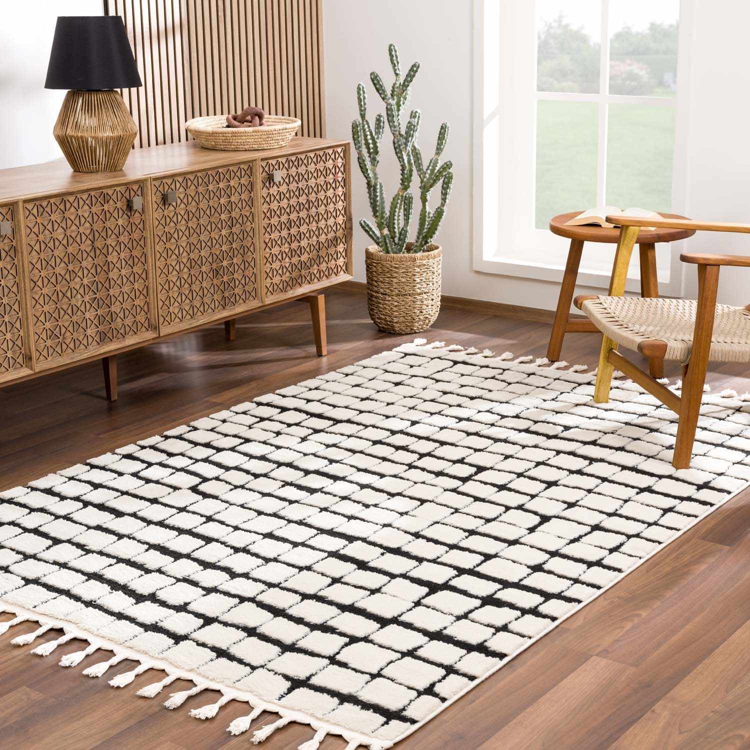 Modern Contemporary Ivory and Black Checked Texture High Pile Machine Woven Area Rug - Image 3