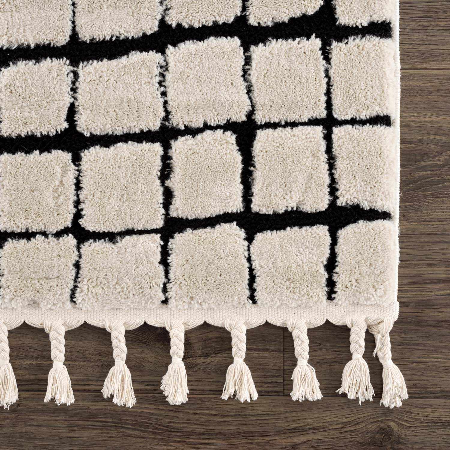 Modern Contemporary Ivory and Black Checked Texture High Pile Machine Woven Area Rug - Image 4