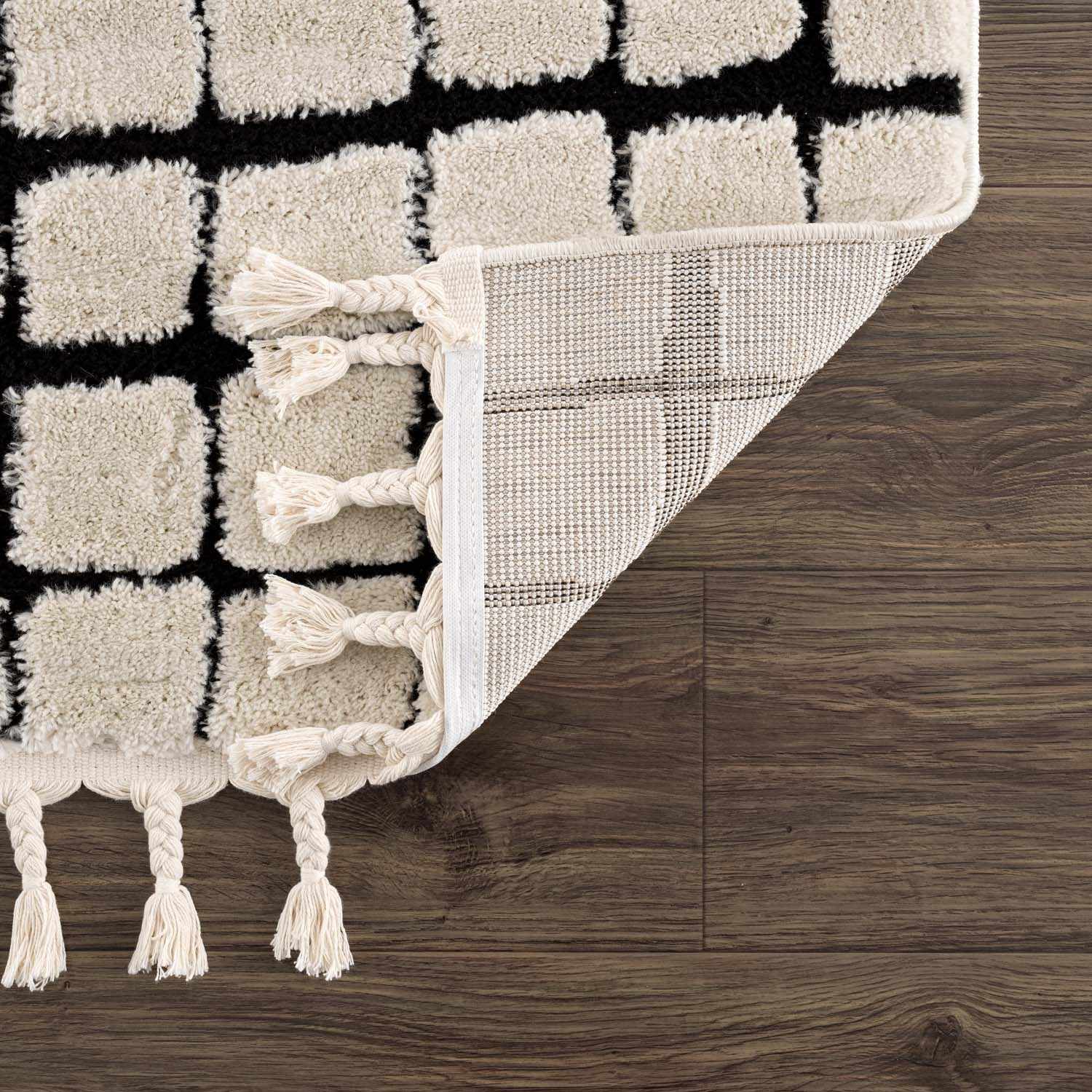 Modern Contemporary Ivory and Black Checked Texture High Pile Machine Woven Area Rug - Image 5