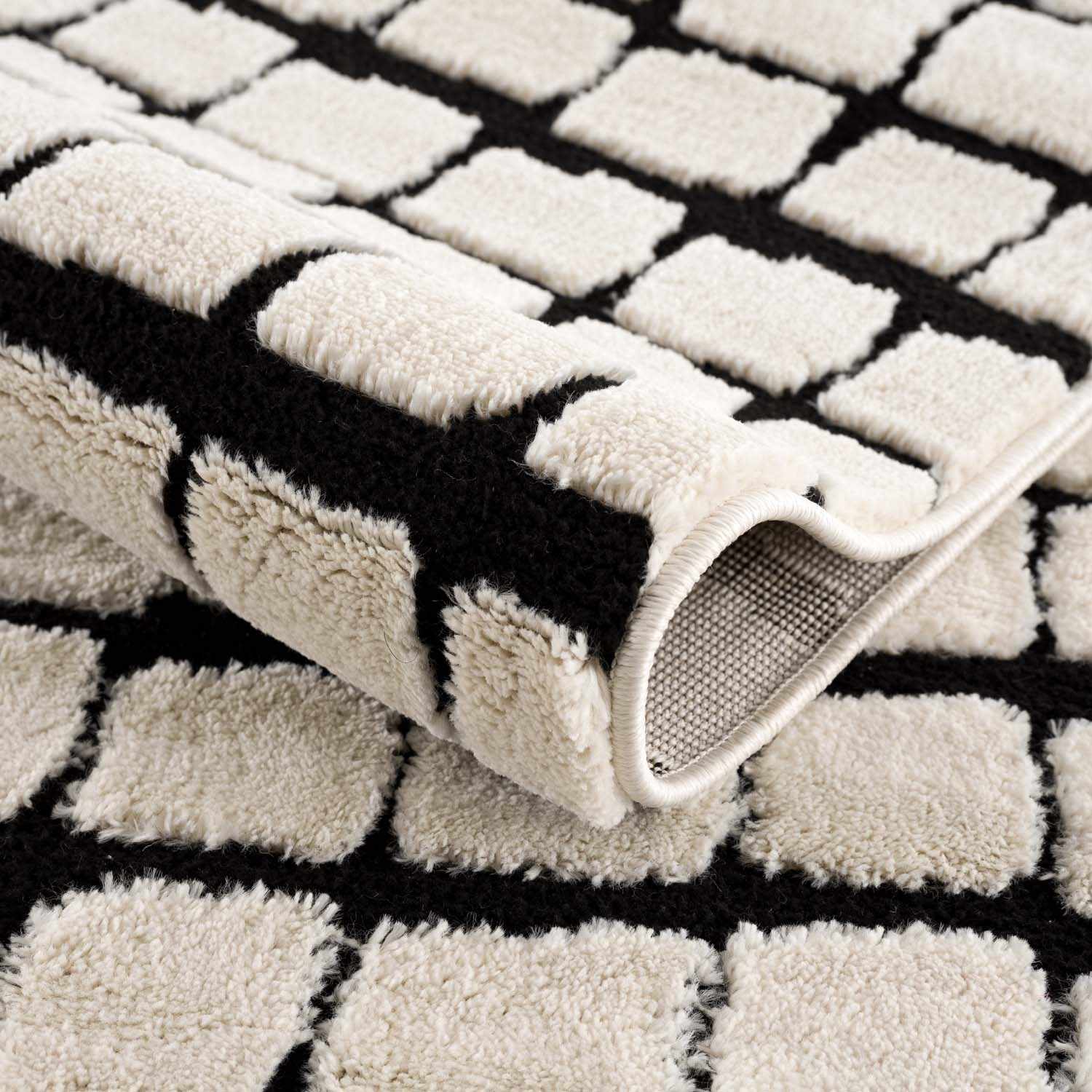 Modern Contemporary Ivory and Black Checked Texture High Pile Machine Woven Area Rug - Image 6