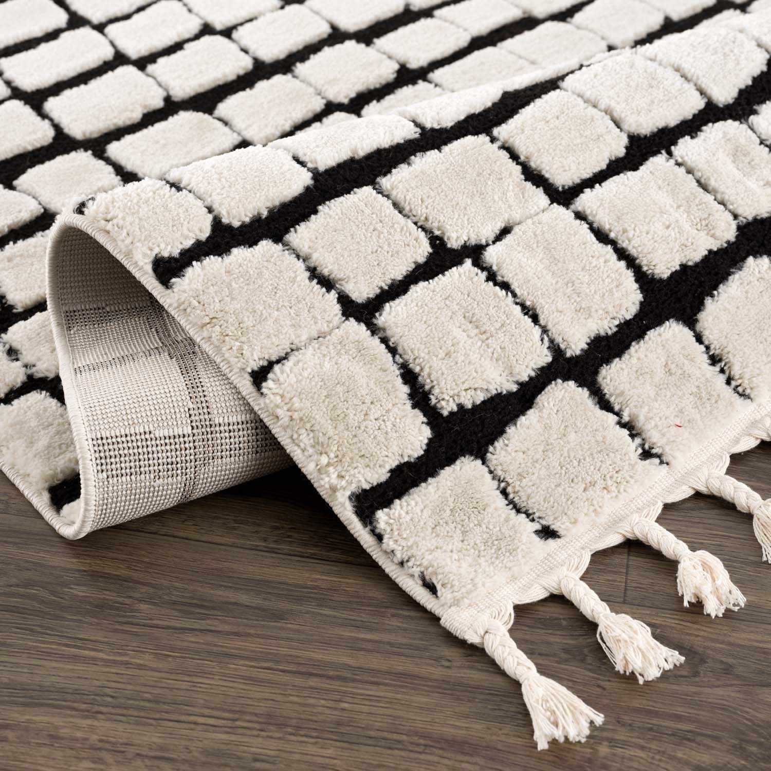 Modern Contemporary Ivory and Black Checked Texture High Pile Machine Woven Area Rug - Image 7