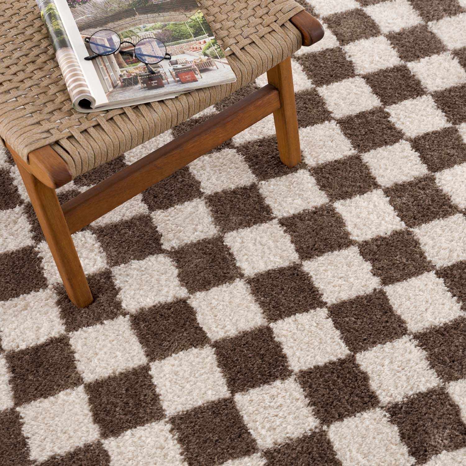 Modern Contemporary Ivory and Brown Checkered Texture Machine Woven Area Rug - Image 10
