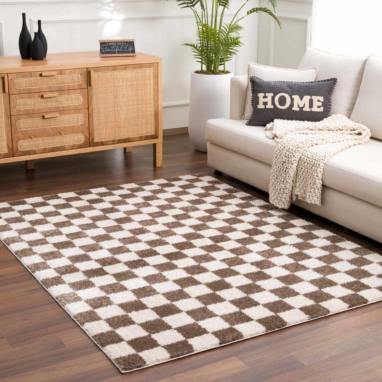 Modern Contemporary Ivory and Brown Checkered Texture Machine Woven Area Rug - Image 3