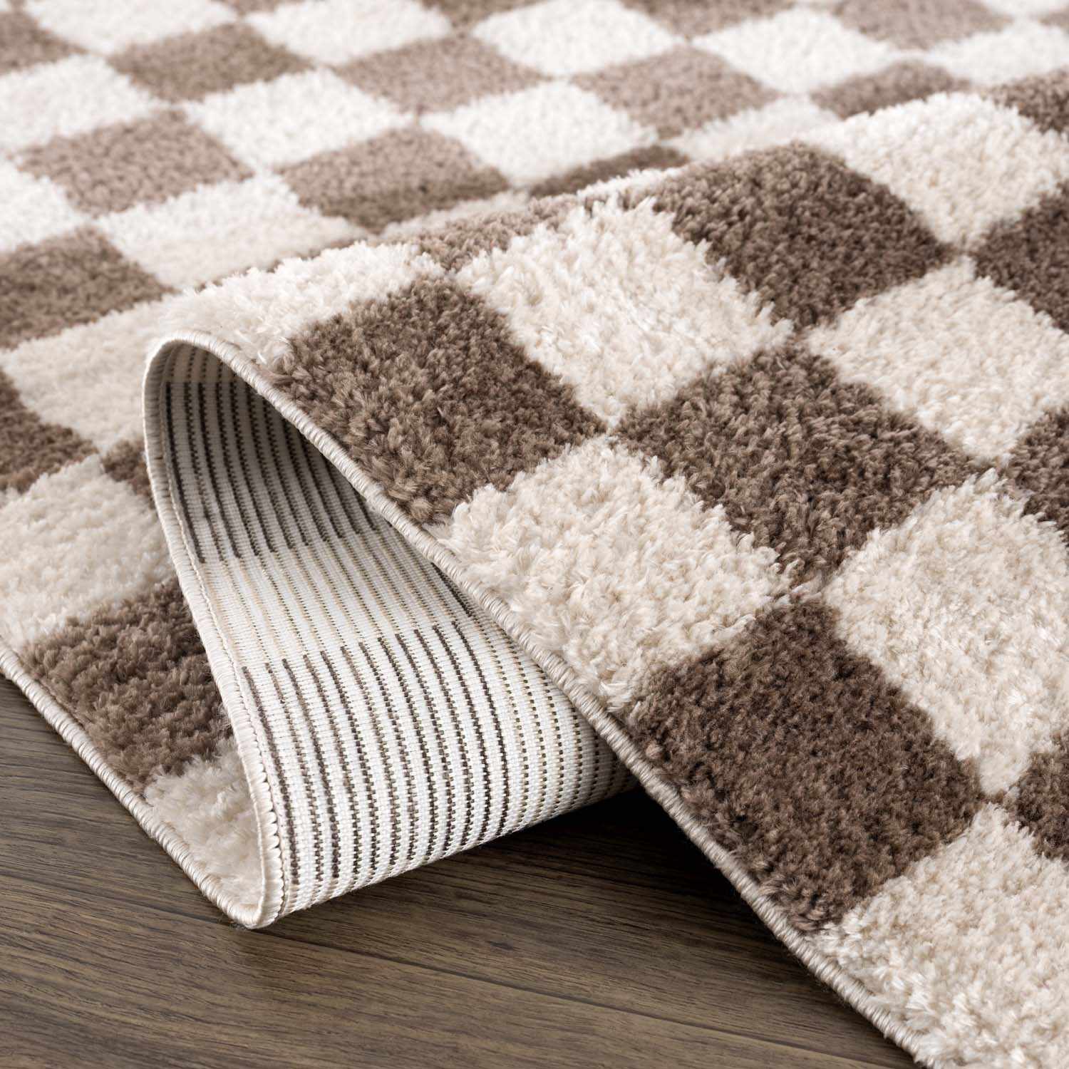 Modern Contemporary Ivory and Brown Checkered Texture Machine Woven Area Rug - Image 6