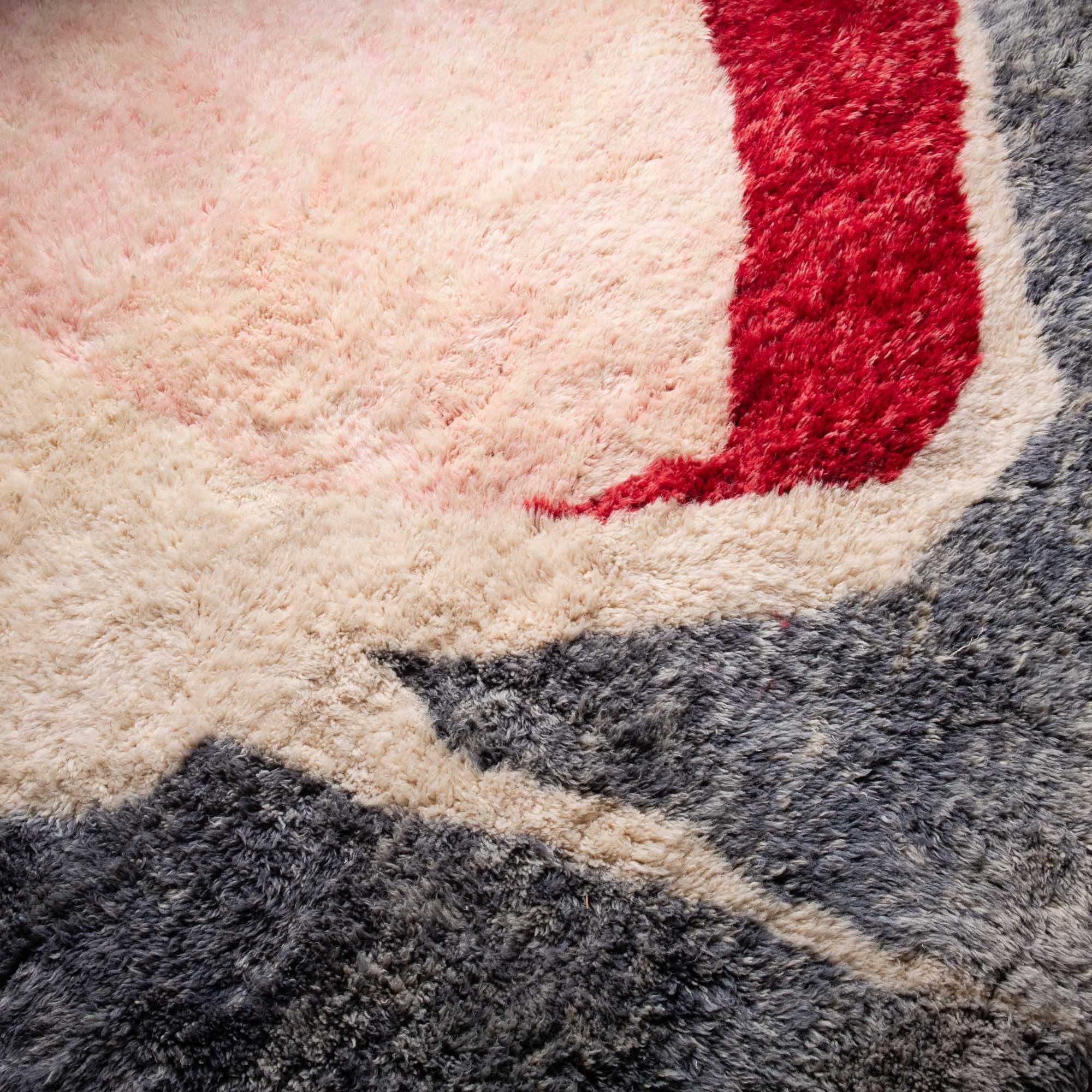 Contemporary Moroccan Gray And Red Hand Knotted 6.6x6.7 Wool Rug - Image 3
