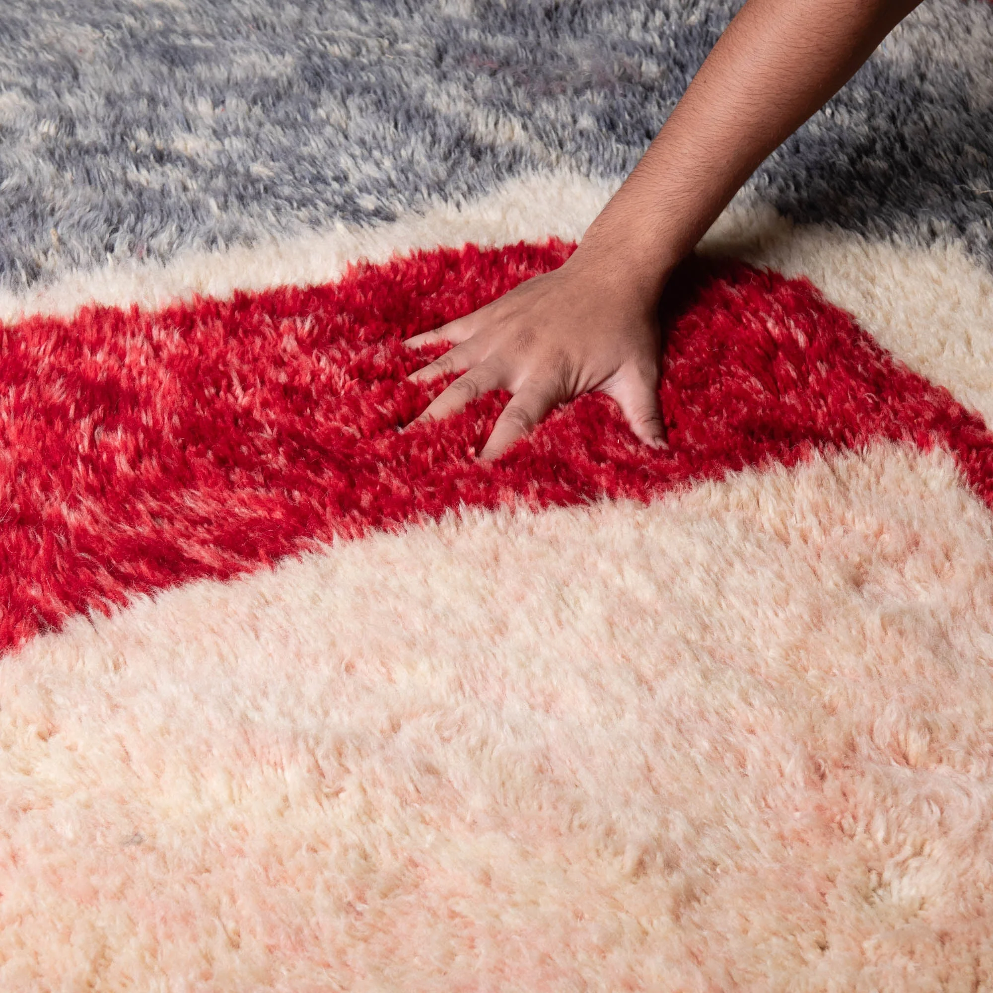 Contemporary Moroccan Gray And Red Hand Knotted 6.6x6.7 Wool Rug - Image 6