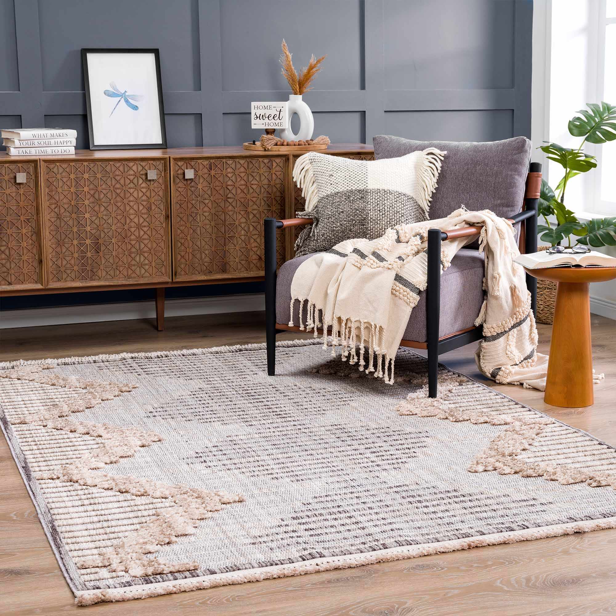 Contemporary Peach, Camel and Dark Purple Tribal Design Area Rug - Image 13