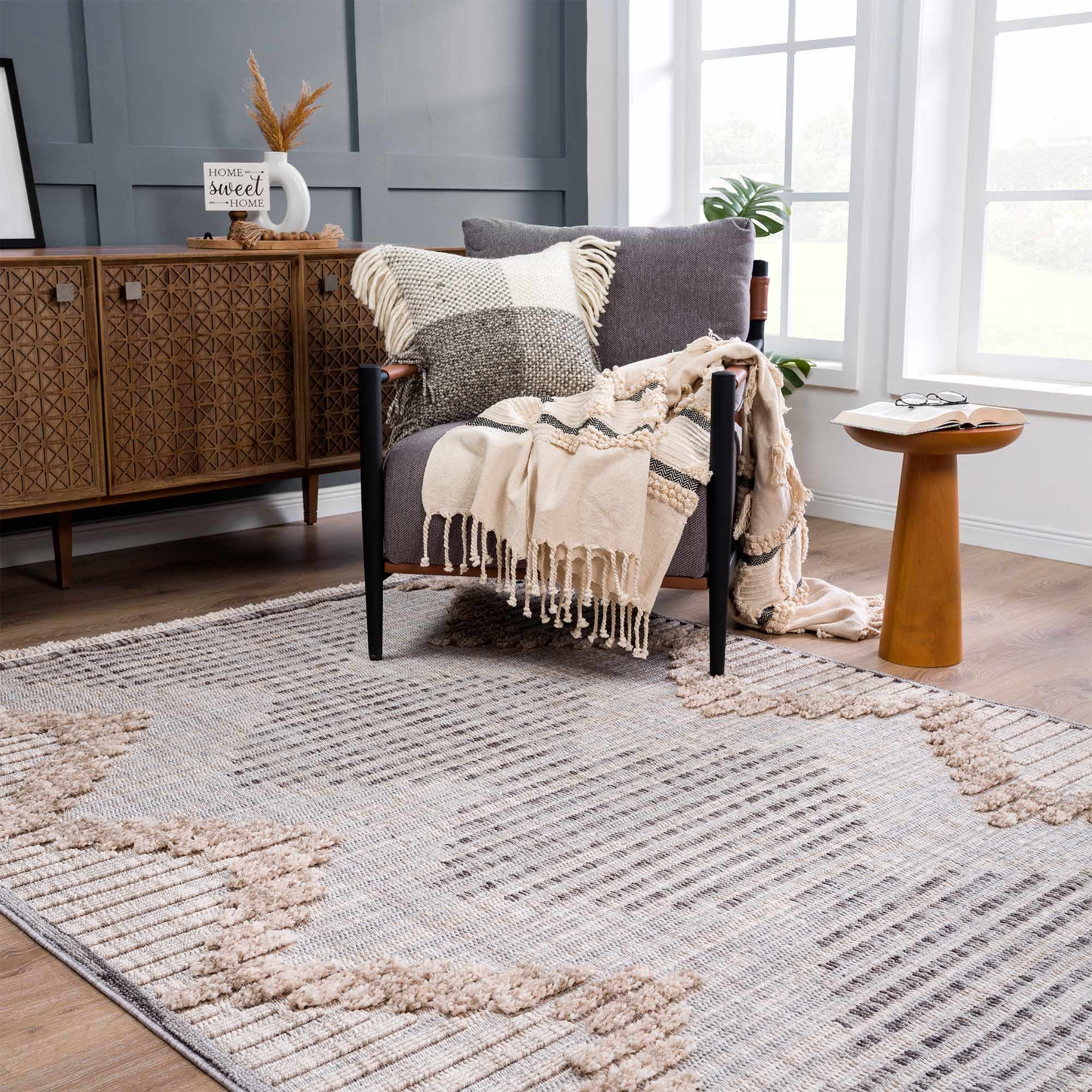 Contemporary Peach, Camel and Dark Purple Tribal Design Area Rug - Image 17