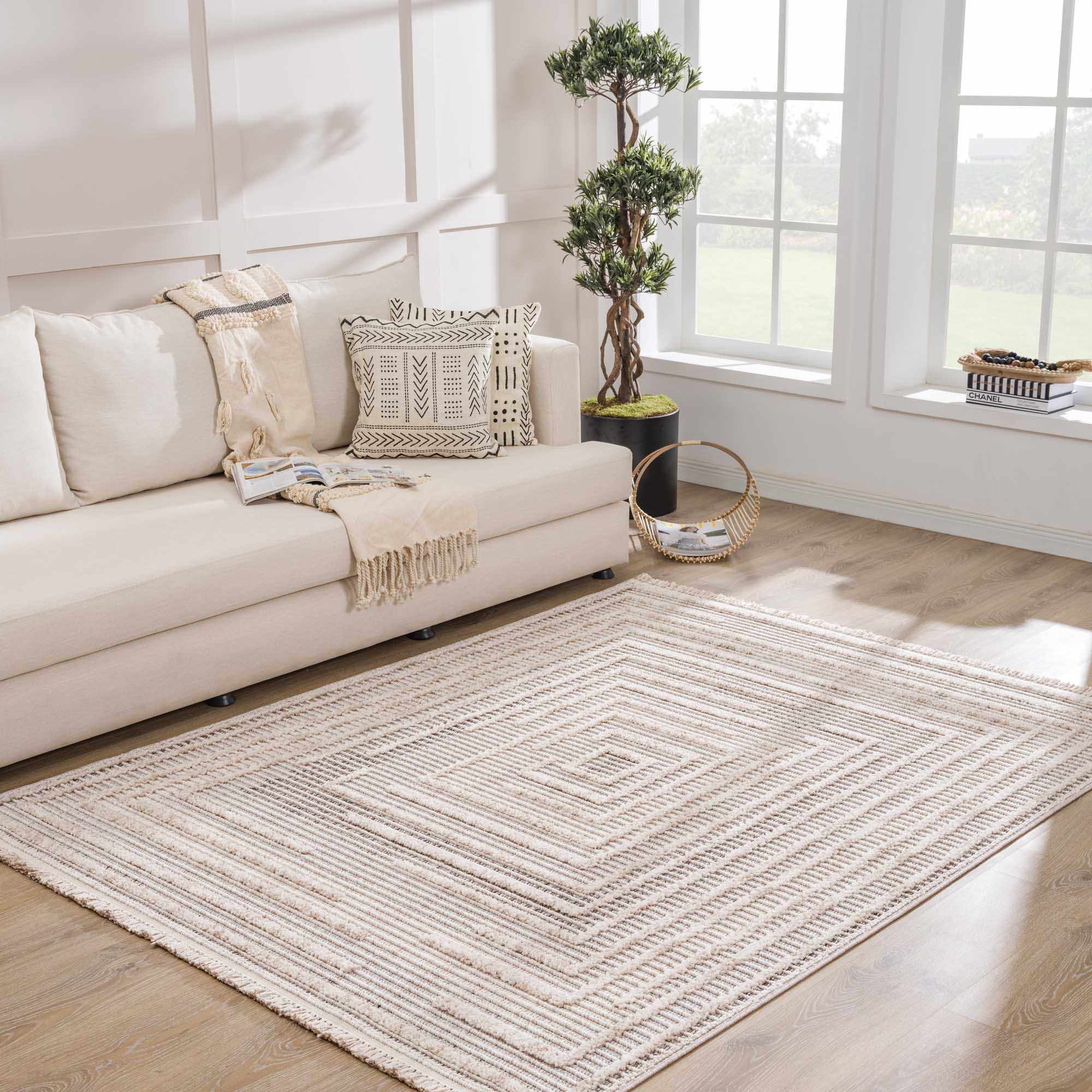 Contemporary Solid Stripes Peach, Beige and Gray High-Low Pile  Area Rug - Image 3
