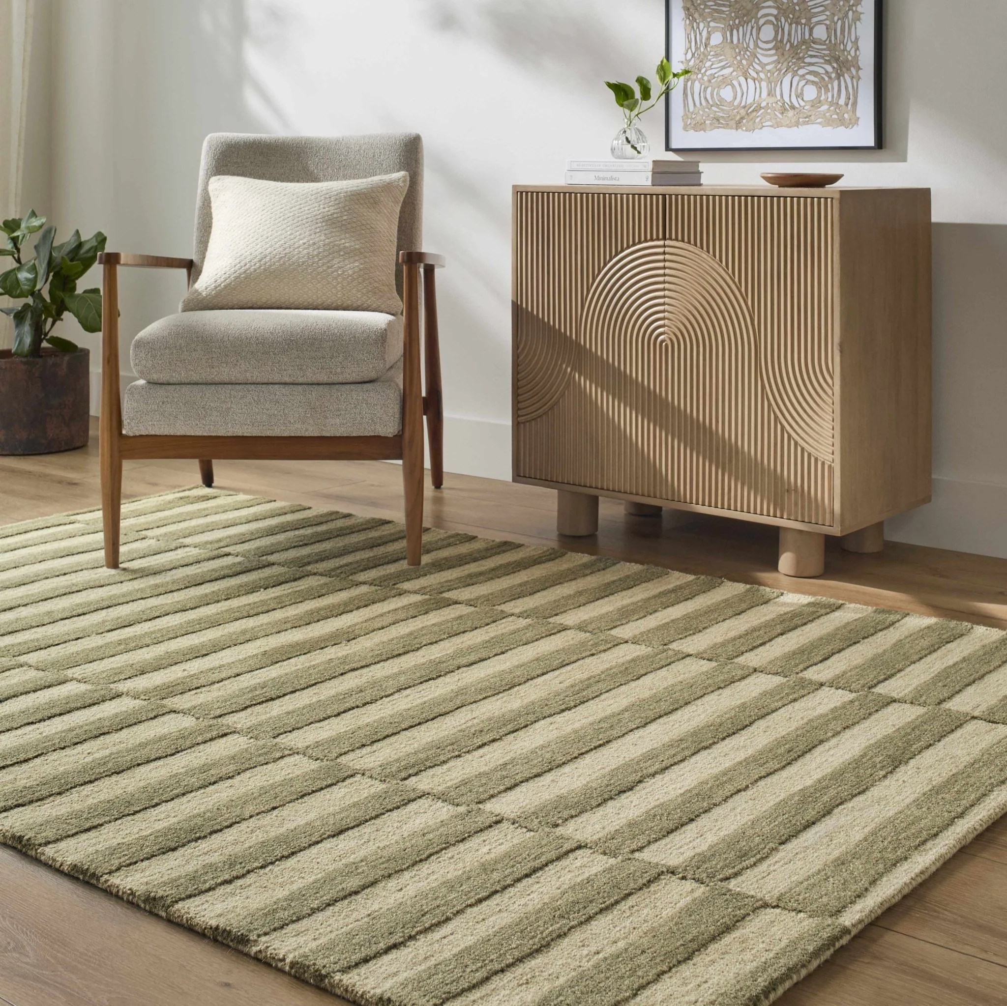 Contemporary Striped Pattern Olive And Beige Hand Tufted Wool Area Rug - Image 2