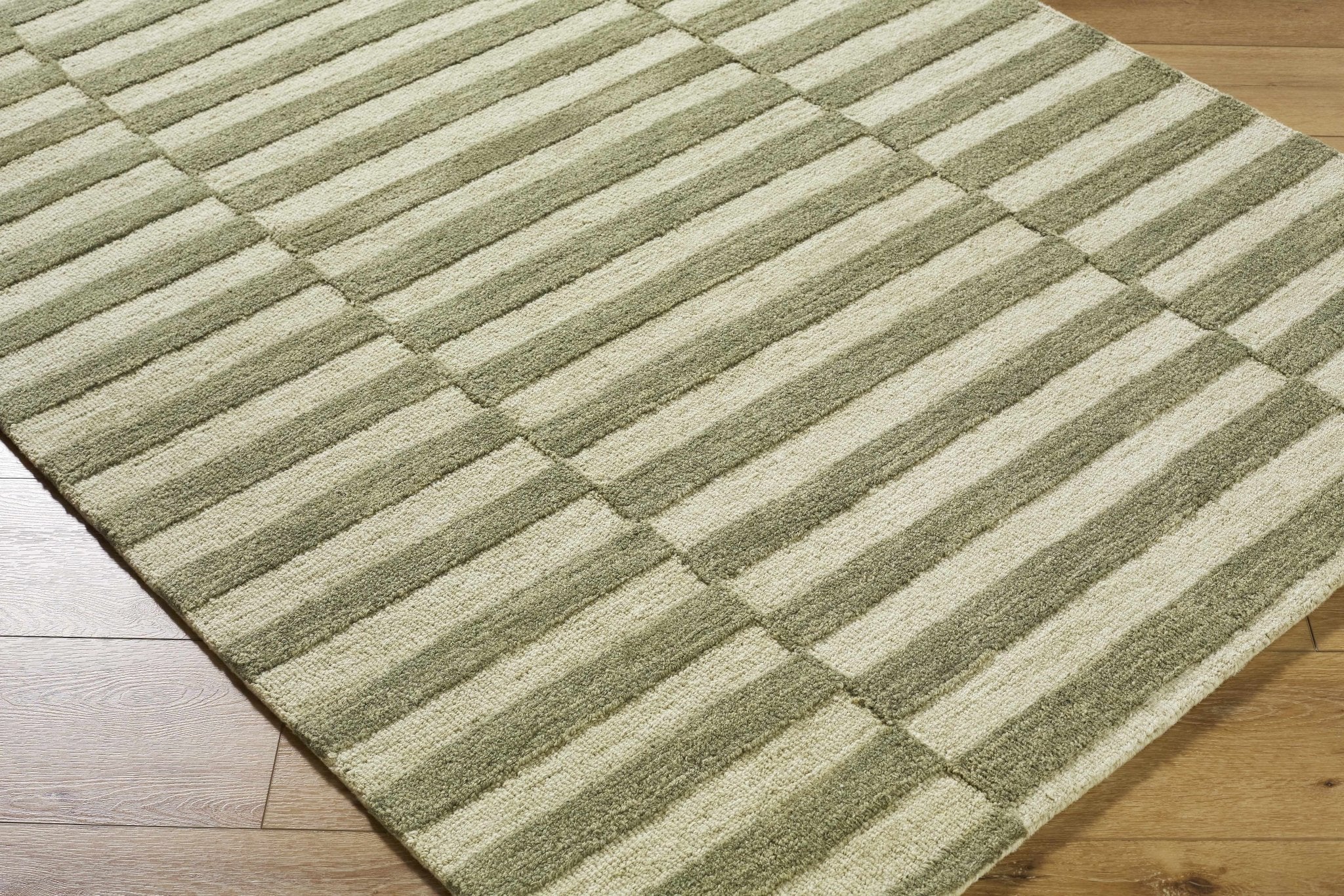 Contemporary Striped Pattern Olive And Beige Hand Tufted Wool Area Rug - Image 7