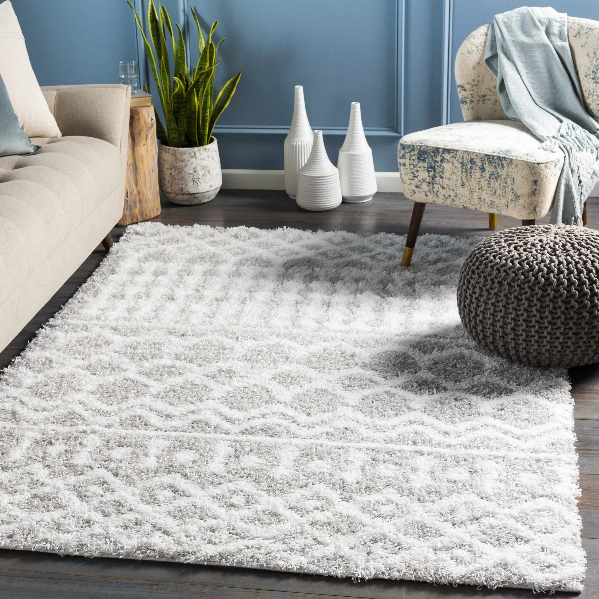 Contemporary White and Gray Plush pile Tribal Design Area Rug - Image 2