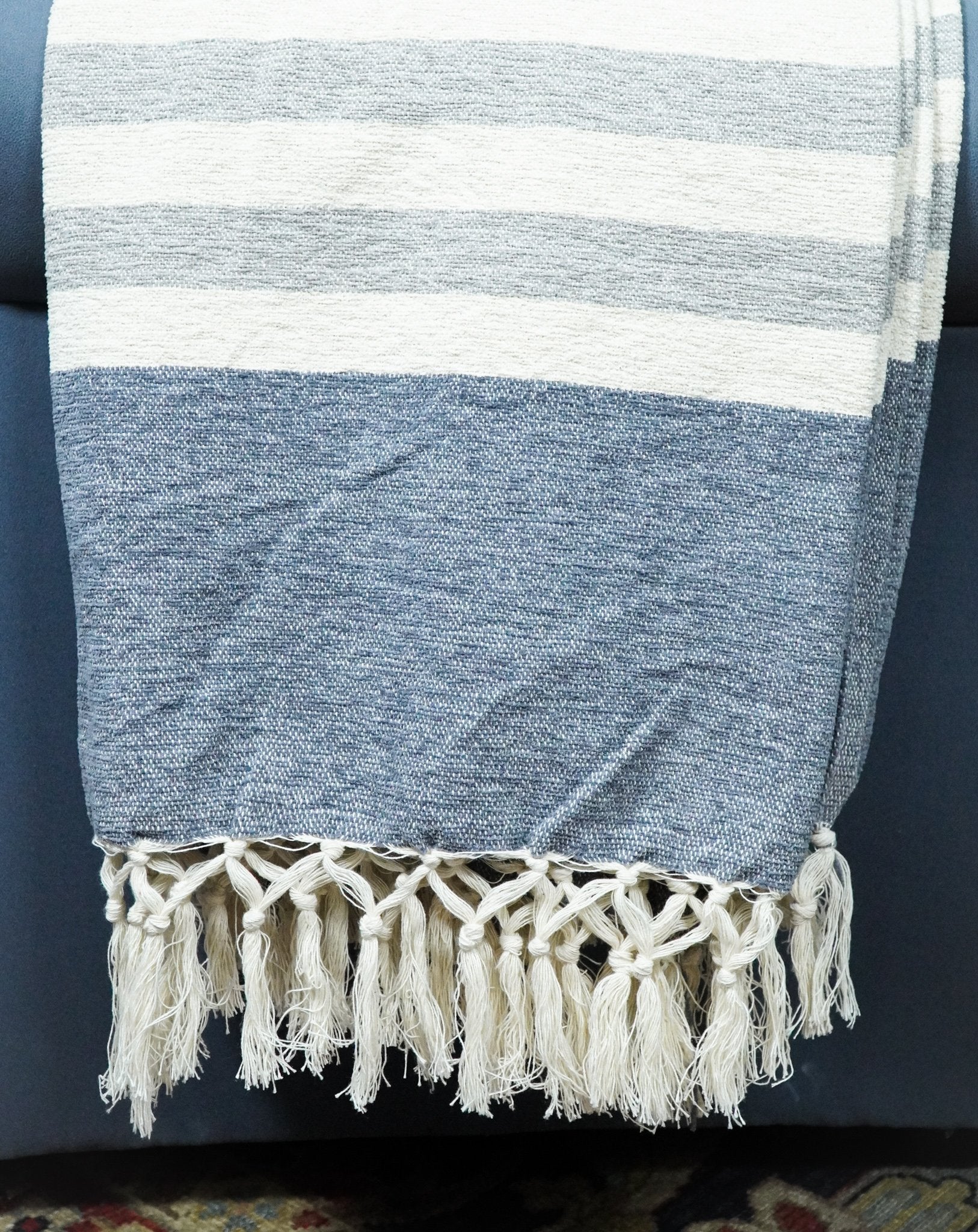 Woven White and Blue Modern Cotton Throw Blanket - Image 3