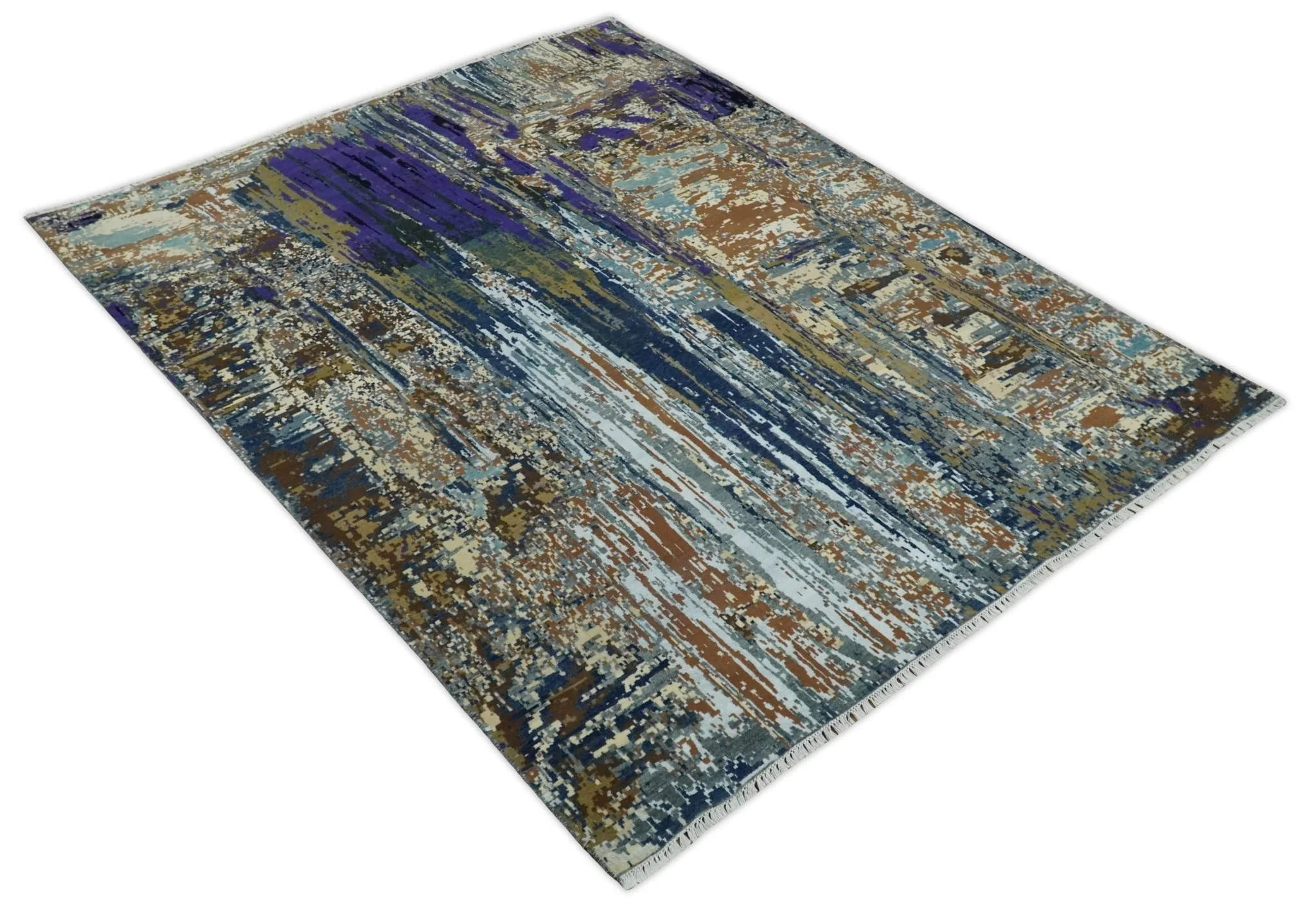 8x10 Fine Hand Knotted Brown Multicolor Modern Abstract Wool and Bamboo Silk Area Rug | AGR19 - Image 10