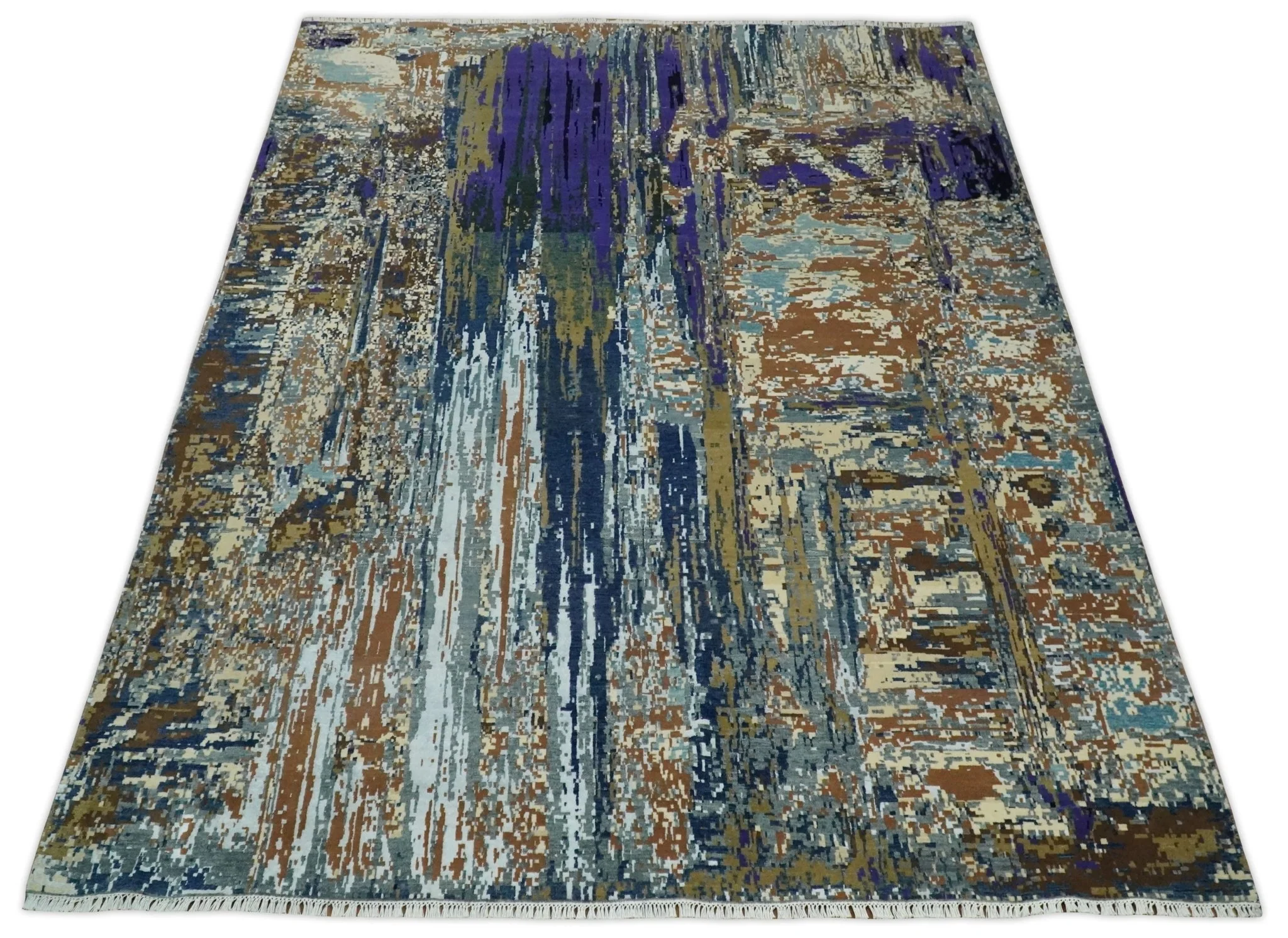 8x10 Fine Hand Knotted Brown Multicolor Modern Abstract Wool and Bamboo Silk Area Rug | AGR19 - Image 11