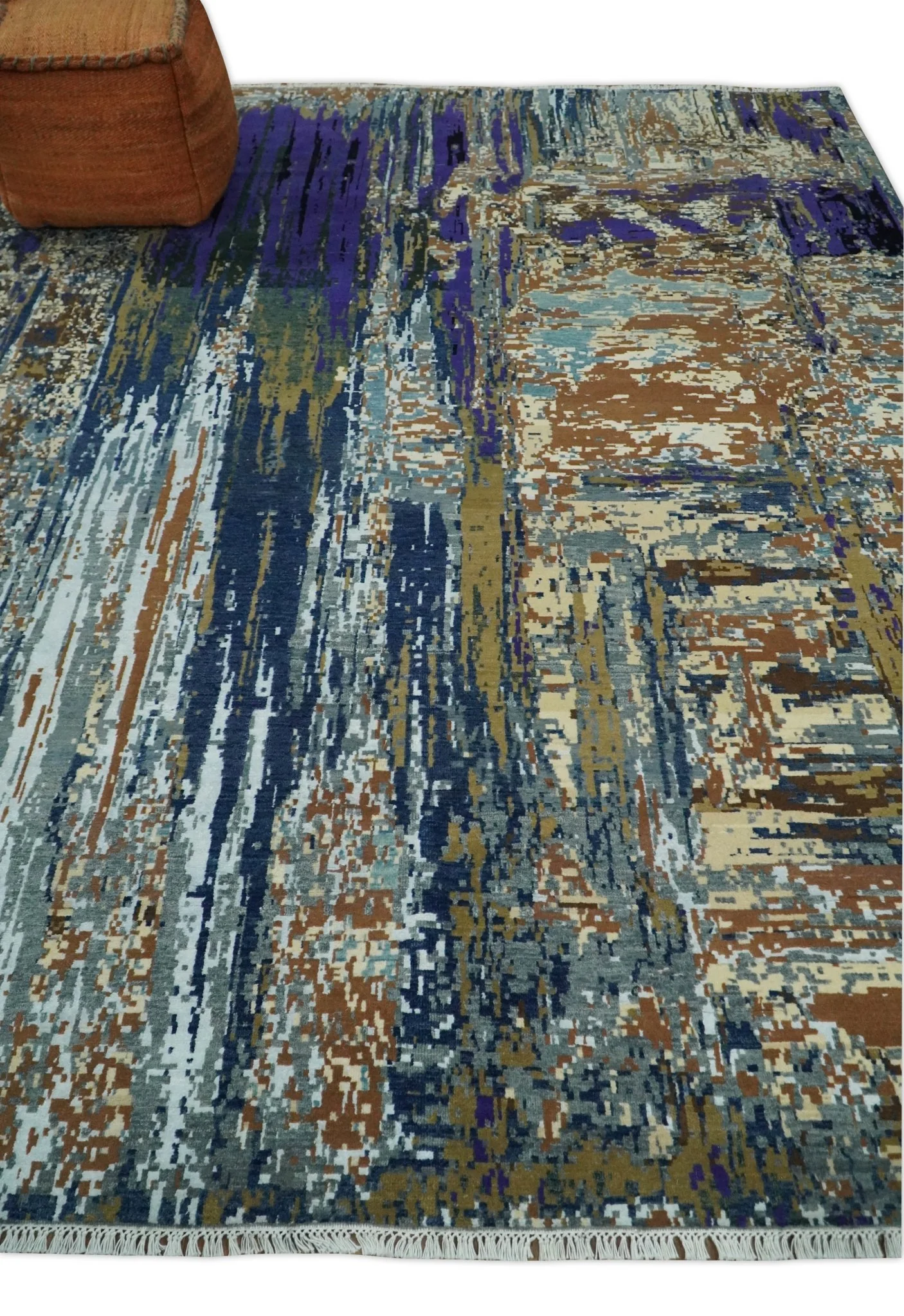 8x10 Fine Hand Knotted Brown Multicolor Modern Abstract Wool and Bamboo Silk Area Rug | AGR19 - Image 3