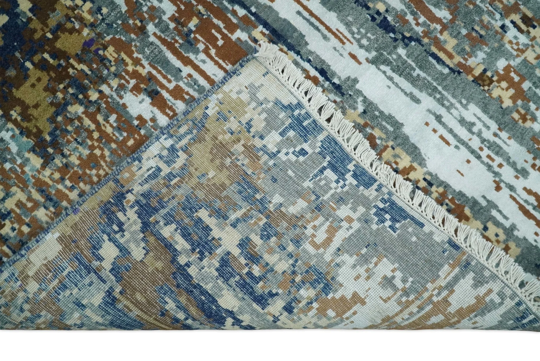 8x10 Fine Hand Knotted Brown Multicolor Modern Abstract Wool and Bamboo Silk Area Rug | AGR19 - Image 8