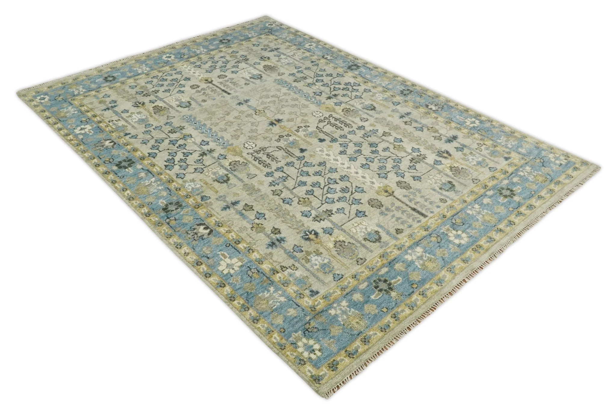 Tree of life Beige and Blue Traditional Hand Knotted Multi Size Wool Area Rug - Image 10