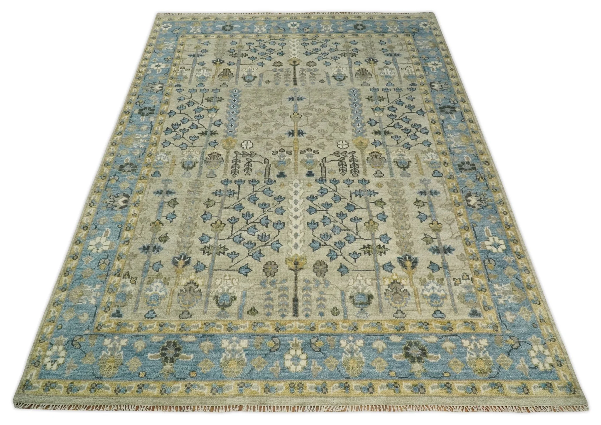 Tree of life Beige and Blue Traditional Hand Knotted Multi Size Wool Area Rug - Image 11