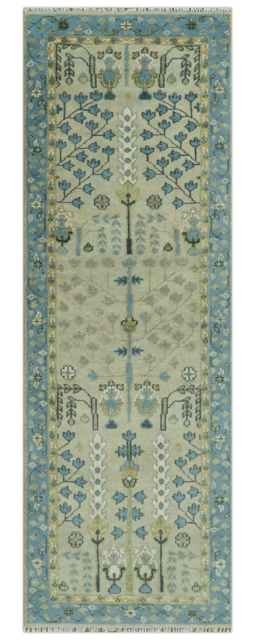 Tree of life Beige and Blue Traditional Hand Knotted Multi Size Wool Area Rug - Image 13