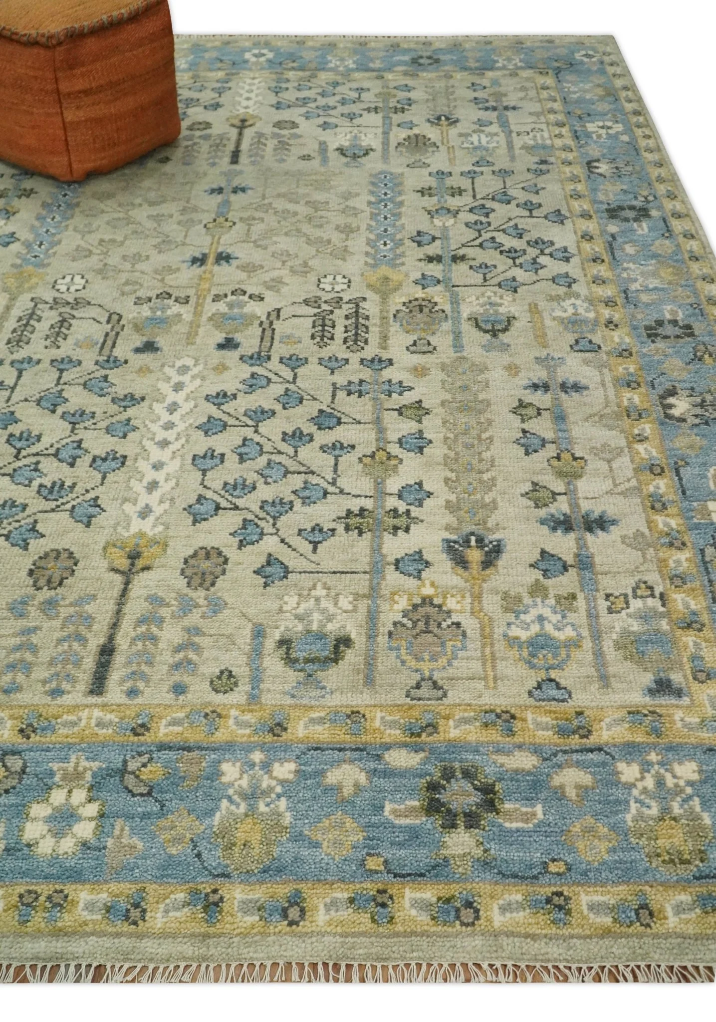 Tree of life Beige and Blue Traditional Hand Knotted Multi Size Wool Area Rug - Image 6