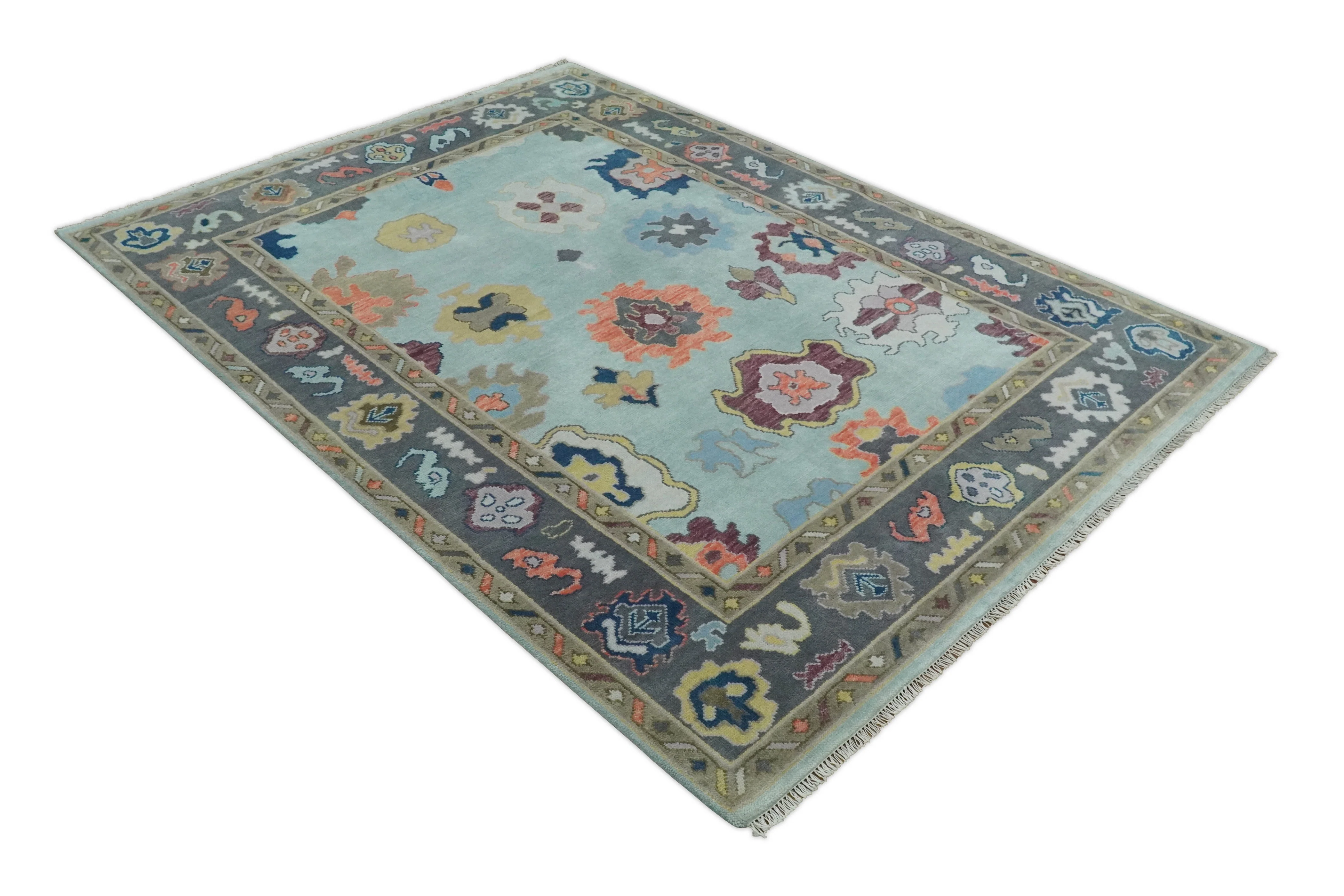 Custom Made Vibrant Colorful Aqua, Blue, Purple and Gray Hand Knotted Traditional Oushak Wool Area Rug - Image 10