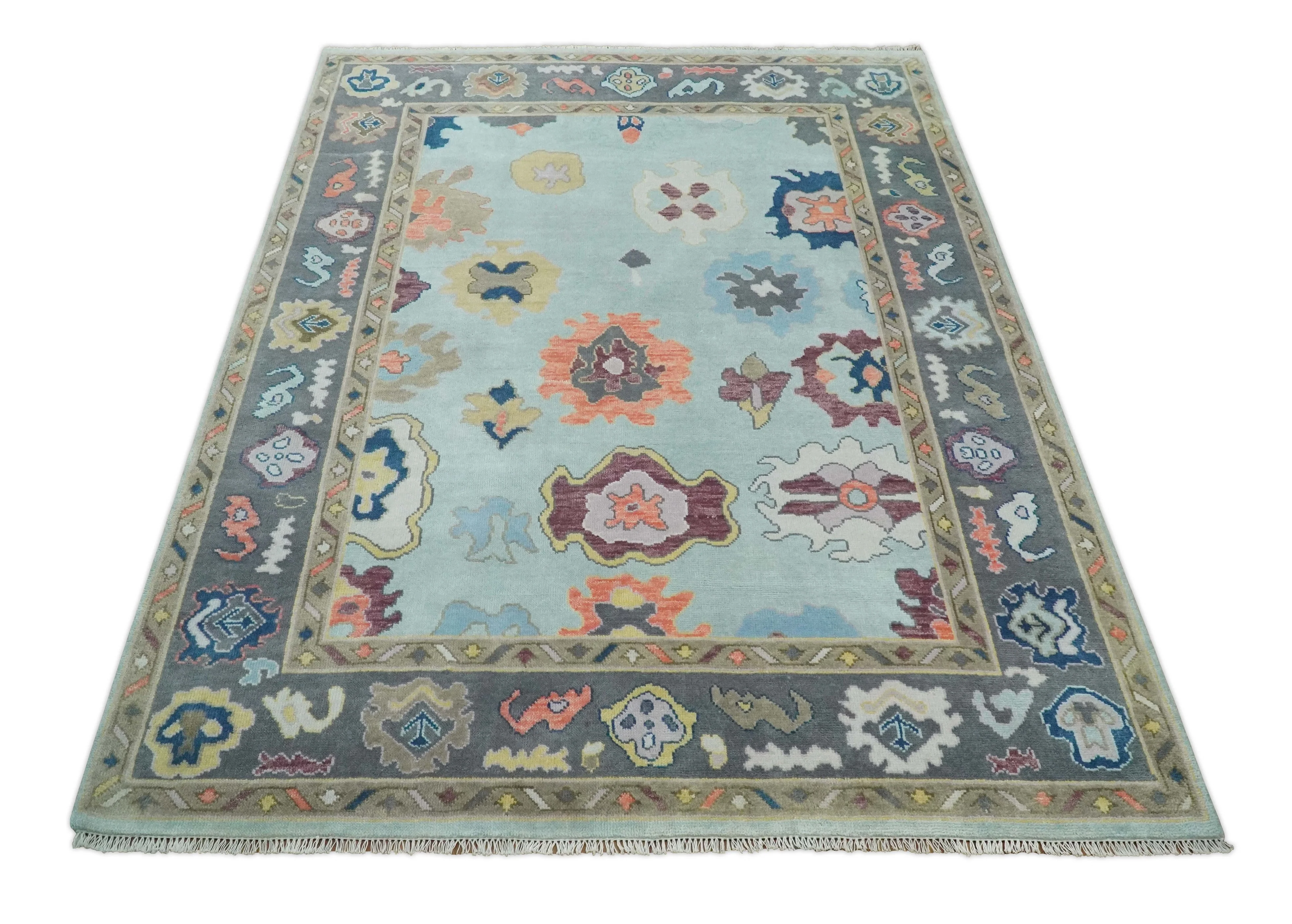 Custom Made Vibrant Colorful Aqua, Blue, Purple and Gray Hand Knotted Traditional Oushak Wool Area Rug - Image 11