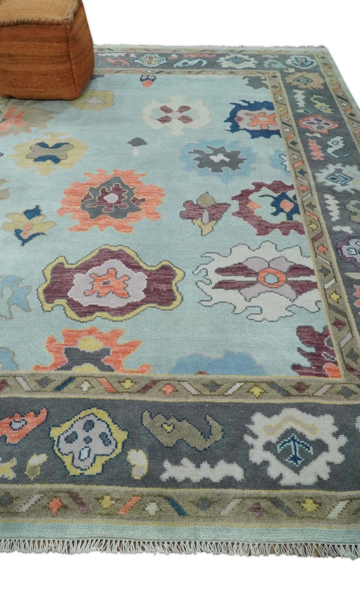 Custom Made Vibrant Colorful Aqua, Blue, Purple and Gray Hand Knotted Traditional Oushak Wool Area Rug - Image 3