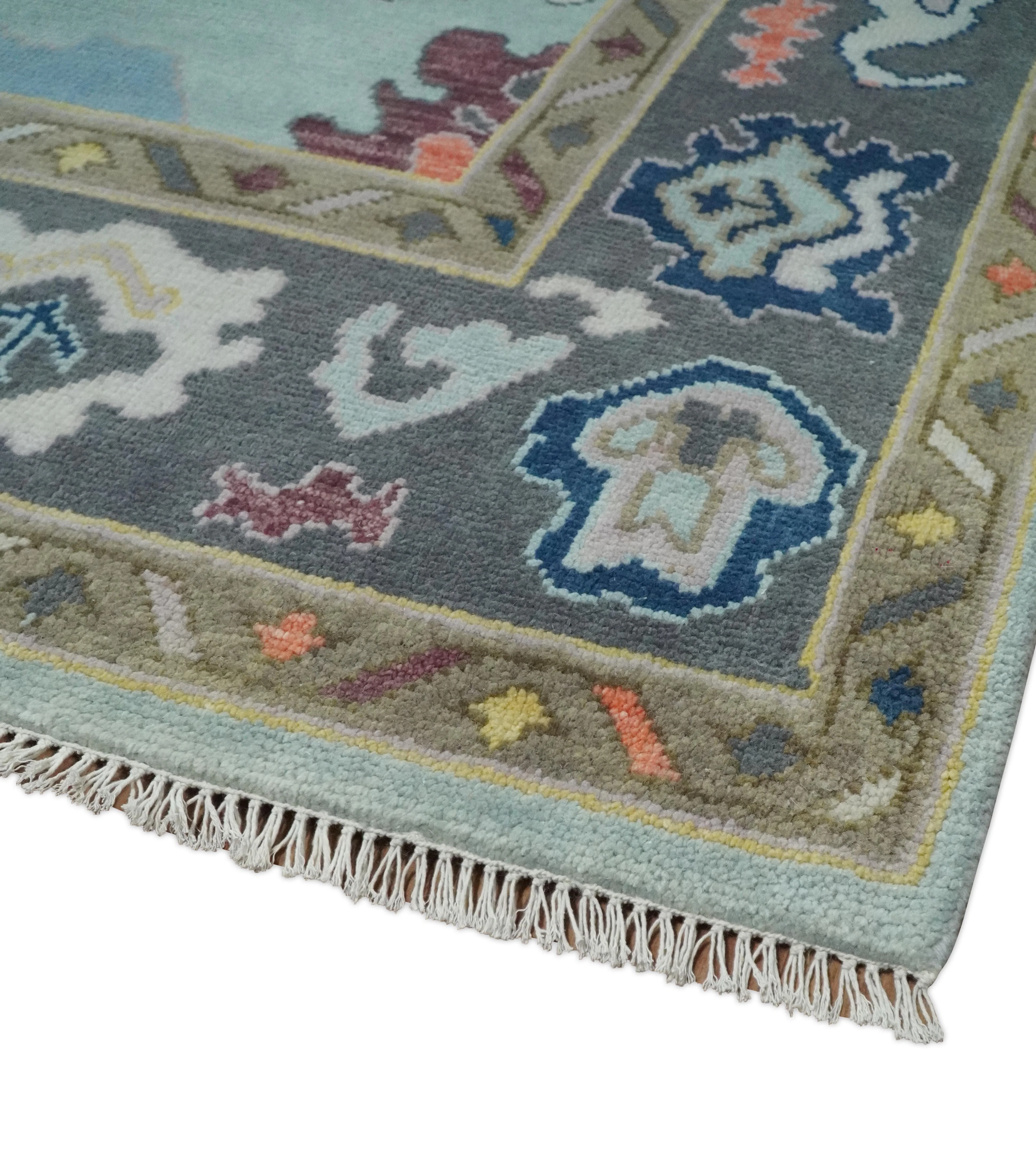 Custom Made Vibrant Colorful Aqua, Blue, Purple and Gray Hand Knotted Traditional Oushak Wool Area Rug - Image 5