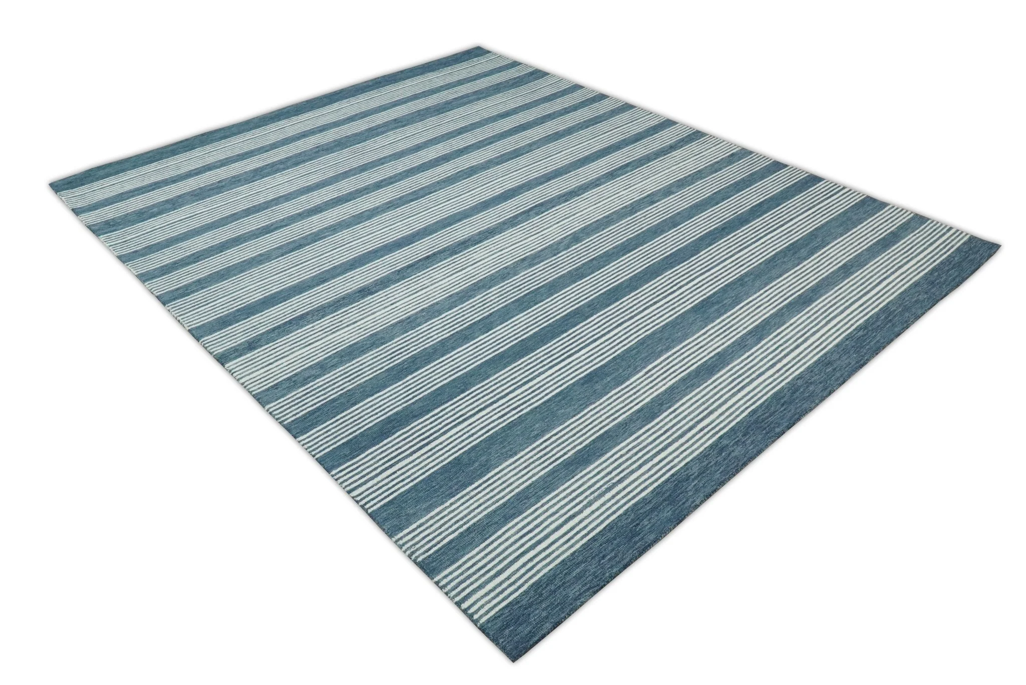 5x8 and 8x10 Hand Made Woolen Modern Stripes White and Blue Area Rug | NAU002 - Image 5