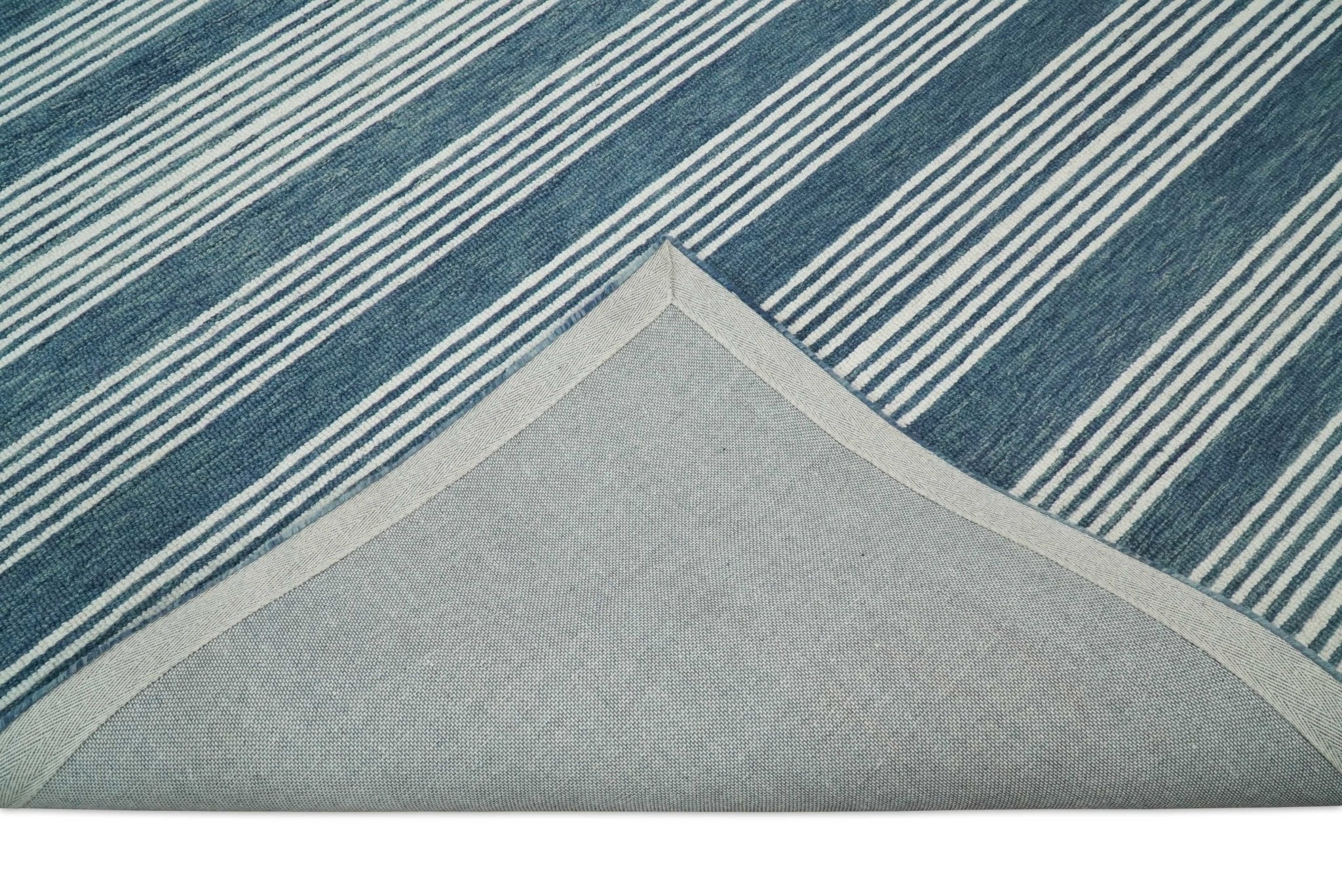 5x8 and 8x10 Hand Made Woolen Modern Stripes White and Blue Area Rug | NAU002 - Image 8