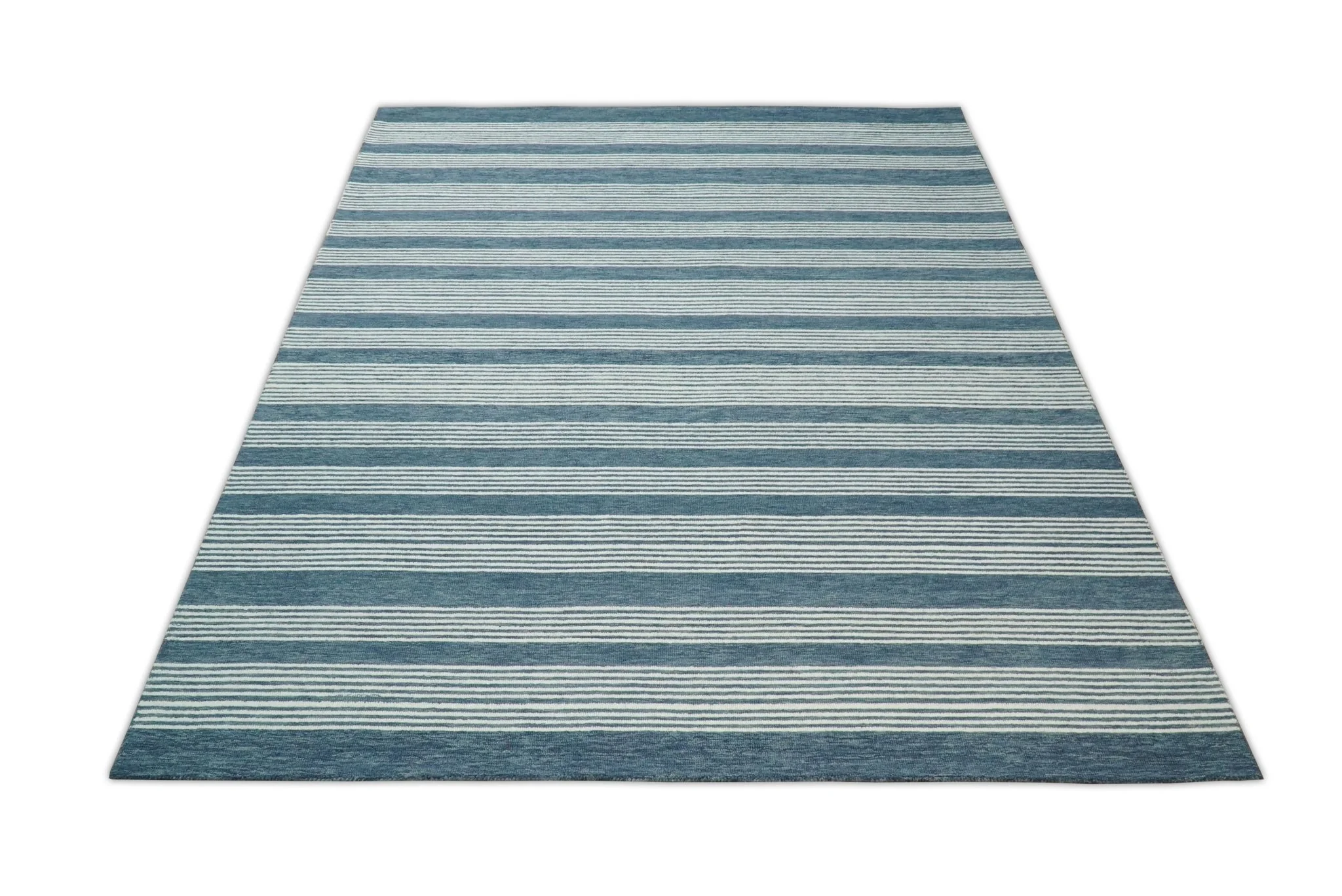 5x8 and 8x10 Hand Made Woolen Modern Stripes White and Blue Area Rug | NAU002 - Image 9