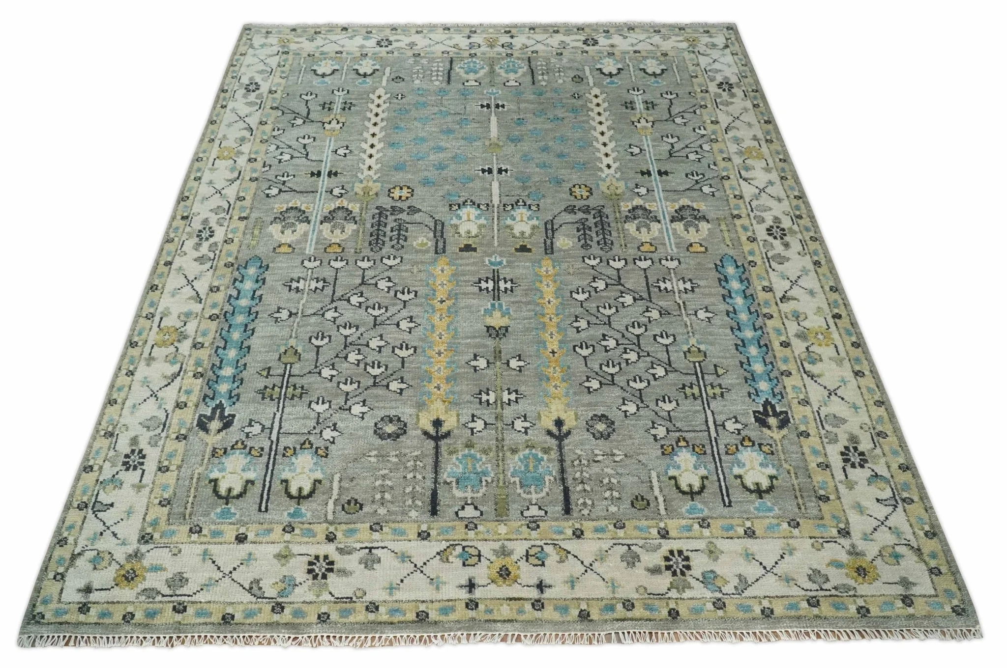 Tree of life Silver and Ivory Hand Knotted Traditional Oushak Multi Size Wool Area Rug - Image 3