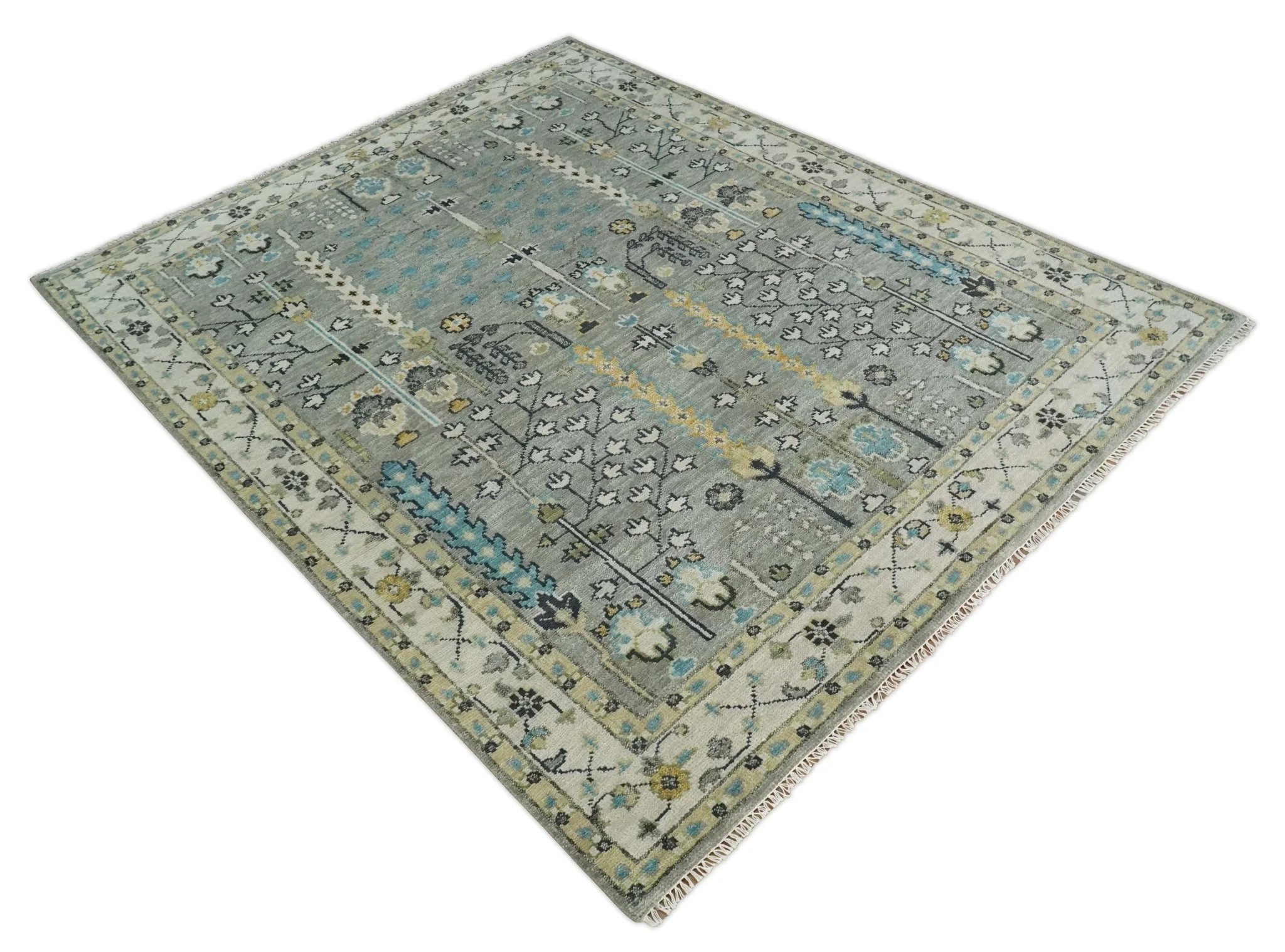 Tree of life Silver and Ivory Hand Knotted Traditional Oushak Multi Size Wool Area Rug - Image 9