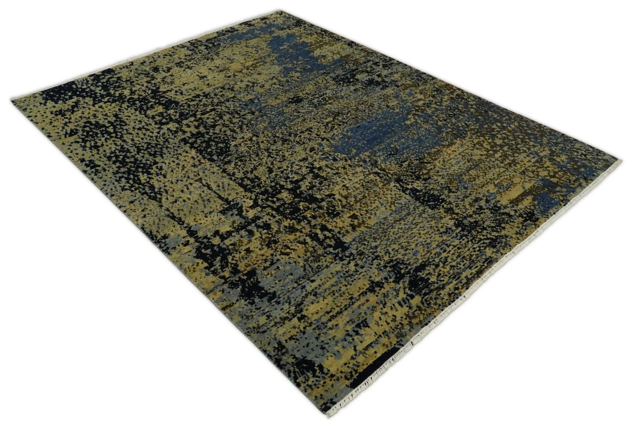 8x10 Fine Hand Knotted Beige, Black and Blue Modern Abstract Style Antique Wool and Silk Area Rug | TRDCP629810 - Image 10