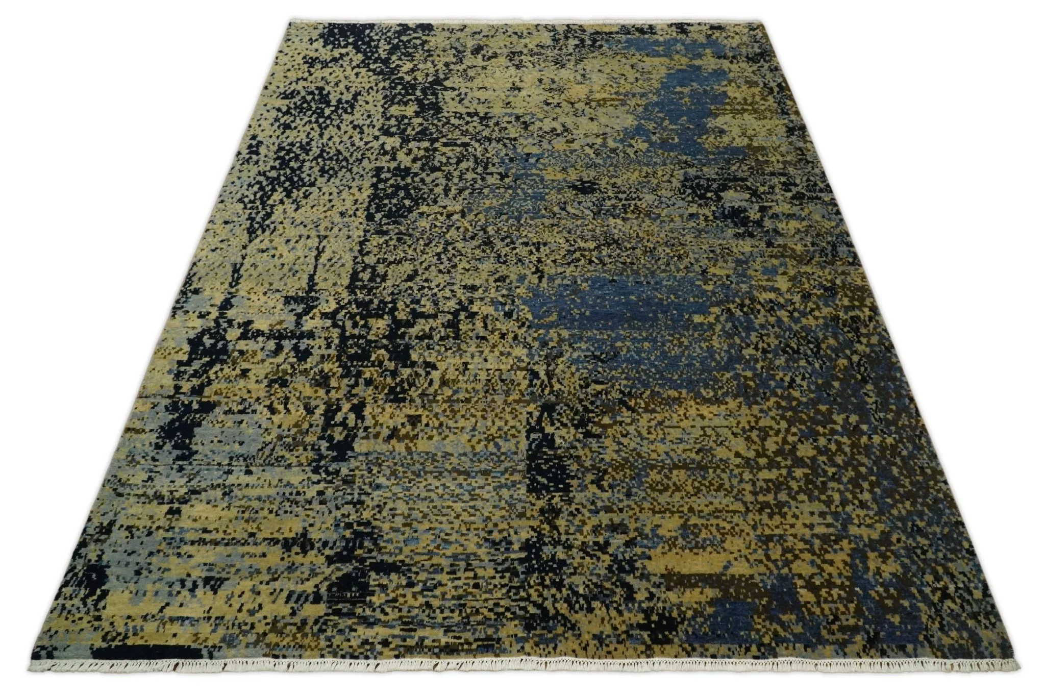 8x10 Fine Hand Knotted Beige, Black and Blue Modern Abstract Style Antique Wool and Silk Area Rug | TRDCP629810 - Image 11
