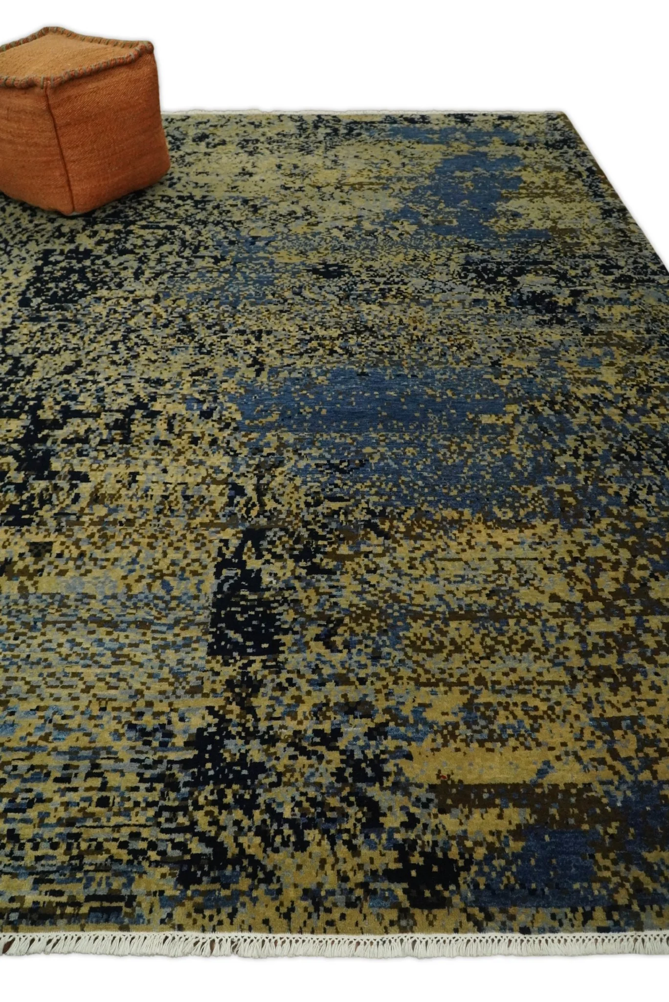 8x10 Fine Hand Knotted Beige, Black and Blue Modern Abstract Style Antique Wool and Silk Area Rug | TRDCP629810 - Image 2