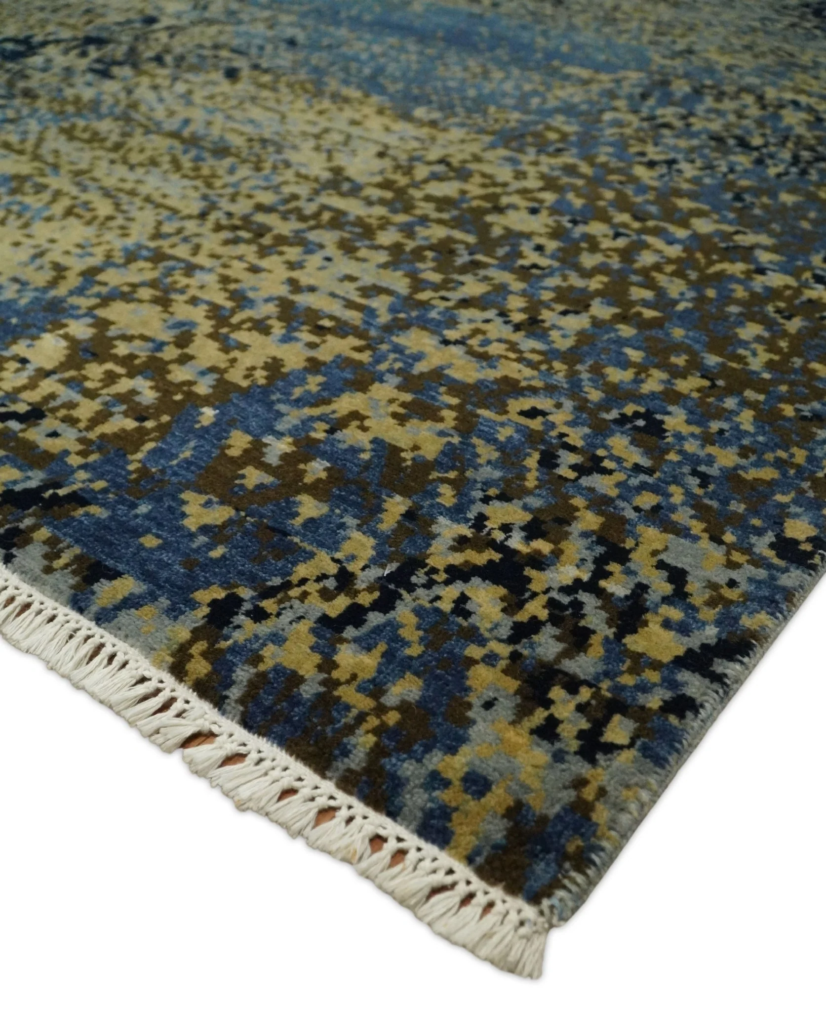 8x10 Fine Hand Knotted Beige, Black and Blue Modern Abstract Style Antique Wool and Silk Area Rug | TRDCP629810 - Image 6