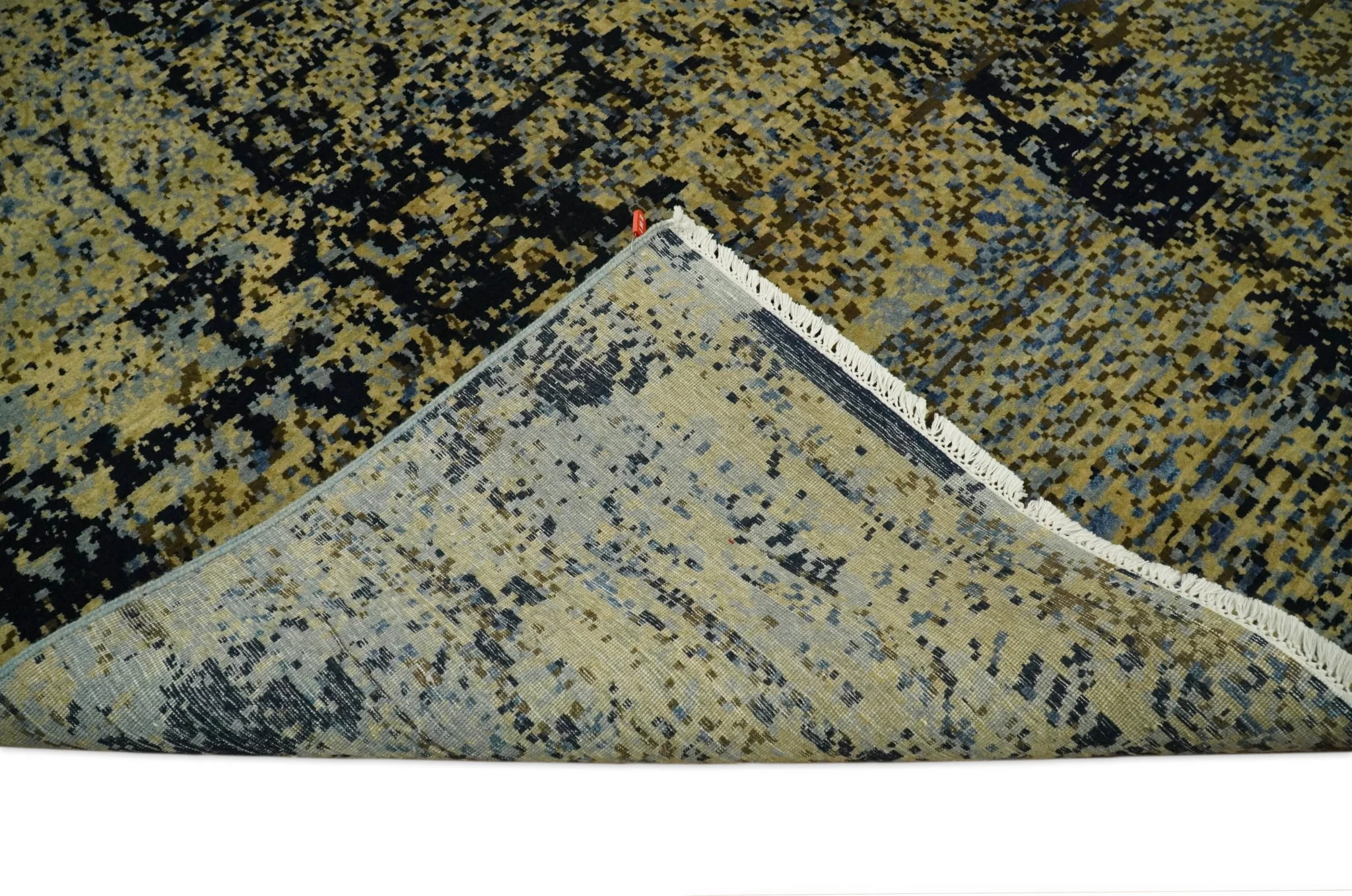 8x10 Fine Hand Knotted Beige, Black and Blue Modern Abstract Style Antique Wool and Silk Area Rug | TRDCP629810 - Image 7