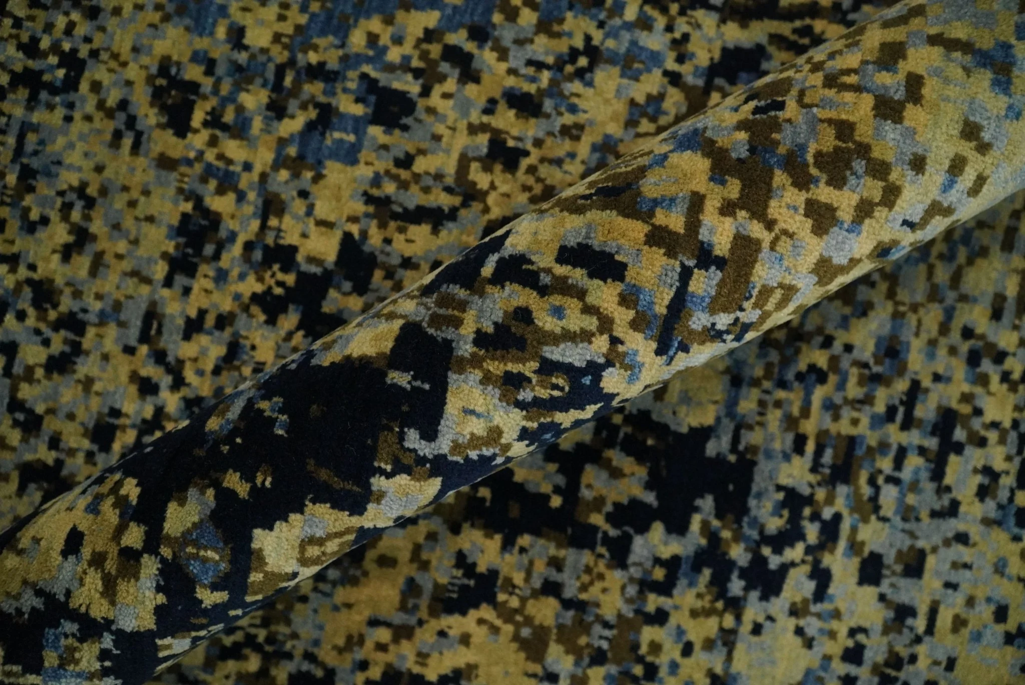 8x10 Fine Hand Knotted Beige, Black and Blue Modern Abstract Style Antique Wool and Silk Area Rug | TRDCP629810 - Image 8