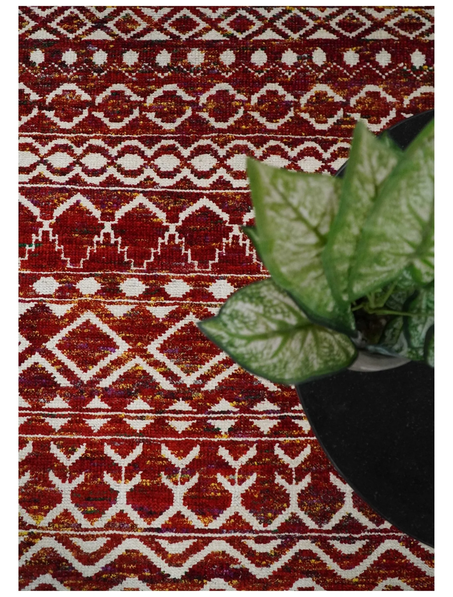 8x10 Hand Knotted Red and White Modern Contemporary Southwestern Tribal Trellis Recycled Silk Area Rug | TRDOP2 - Image 9