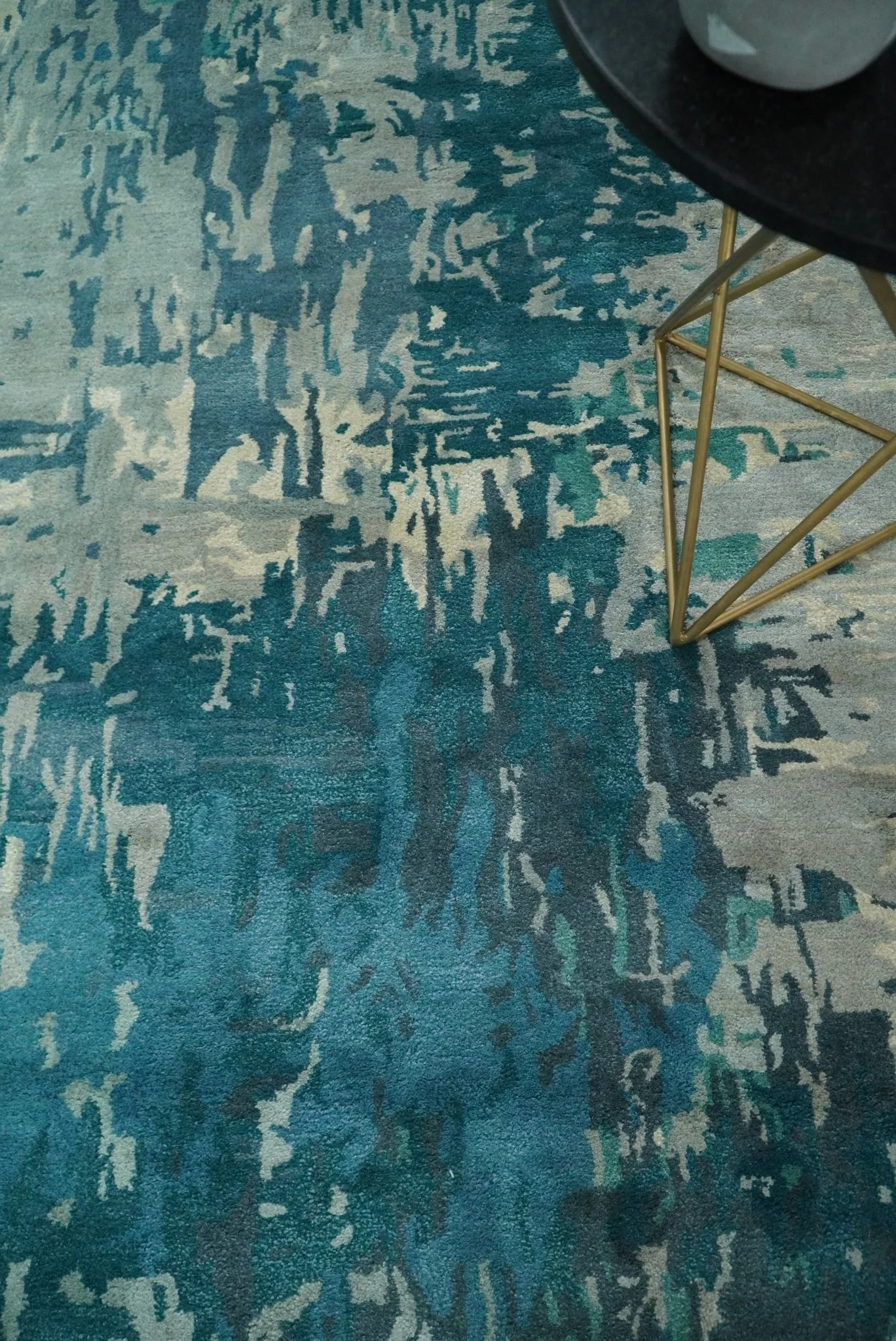 Square 9x9 Green, Silver and Beige Modern Abstract Handmade Wool and Art Silk Area Rug | BAN2 - Image 3