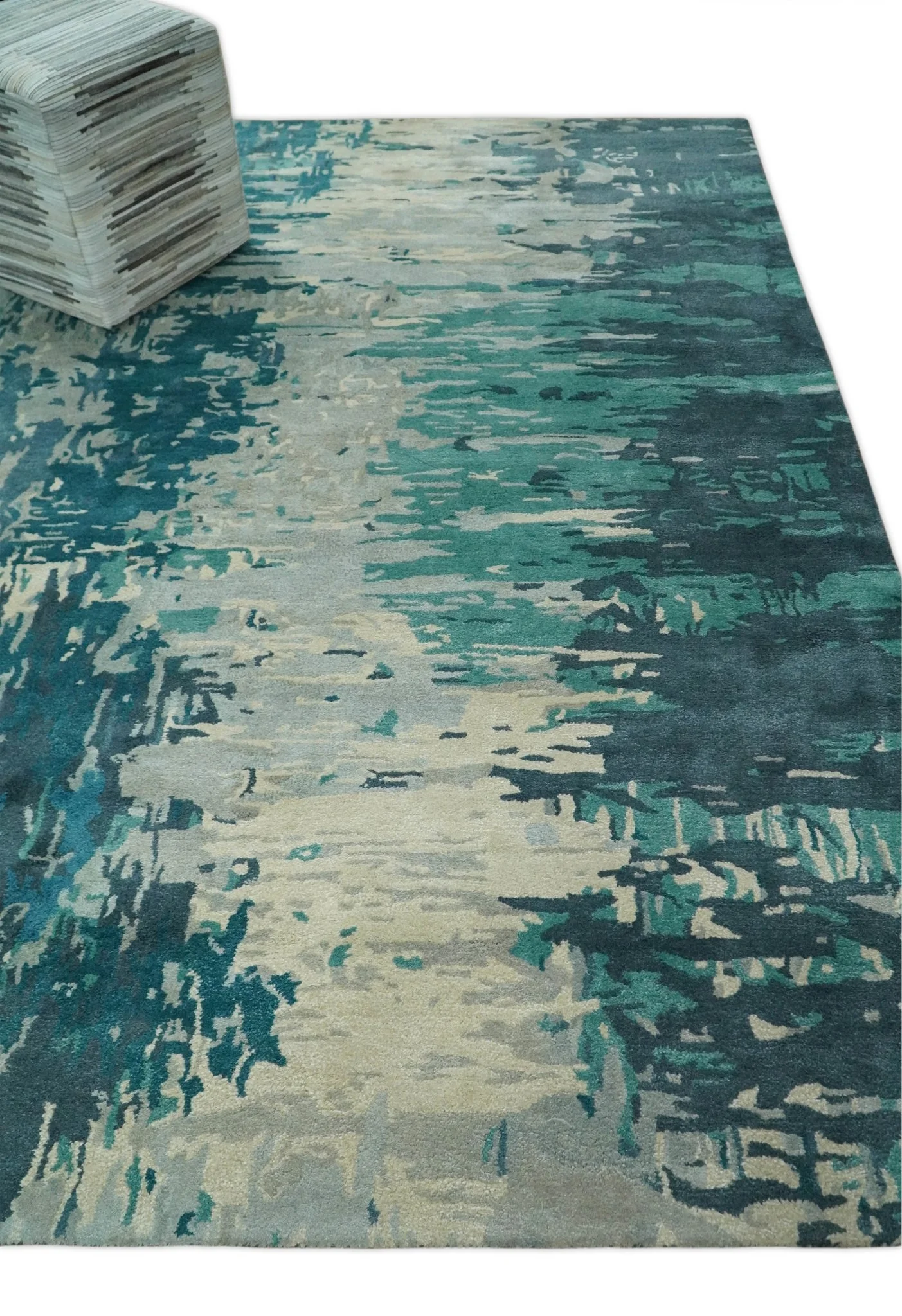 Square 9x9 Green, Silver and Beige Modern Abstract Handmade Wool and Art Silk Area Rug | BAN2 - Image 5