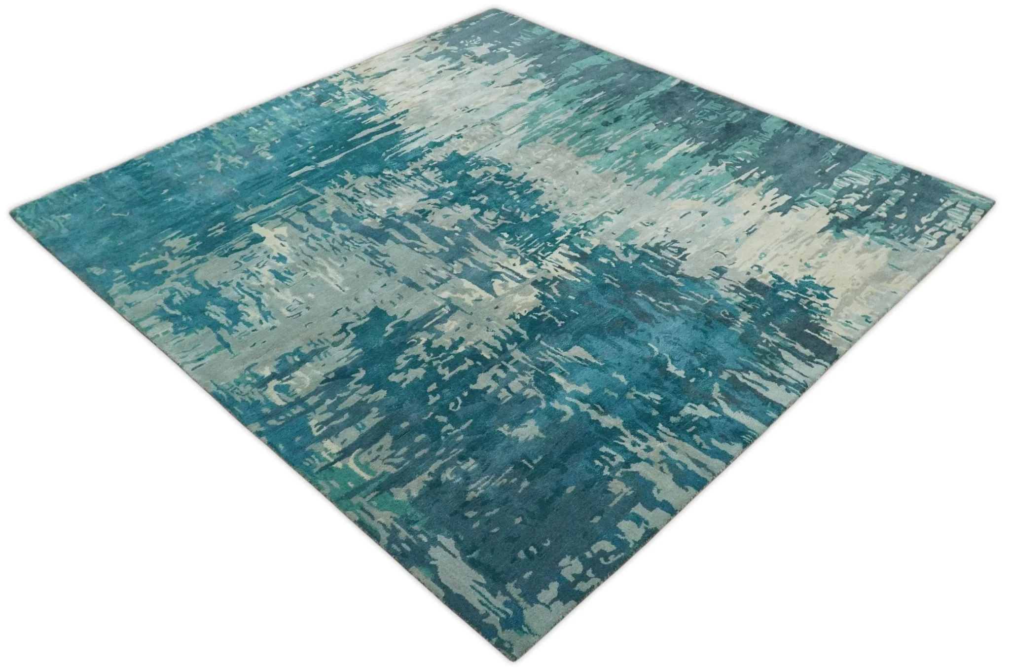 Square 9x9 Green, Silver and Beige Modern Abstract Handmade Wool and Art Silk Area Rug | BAN2 - Image 7