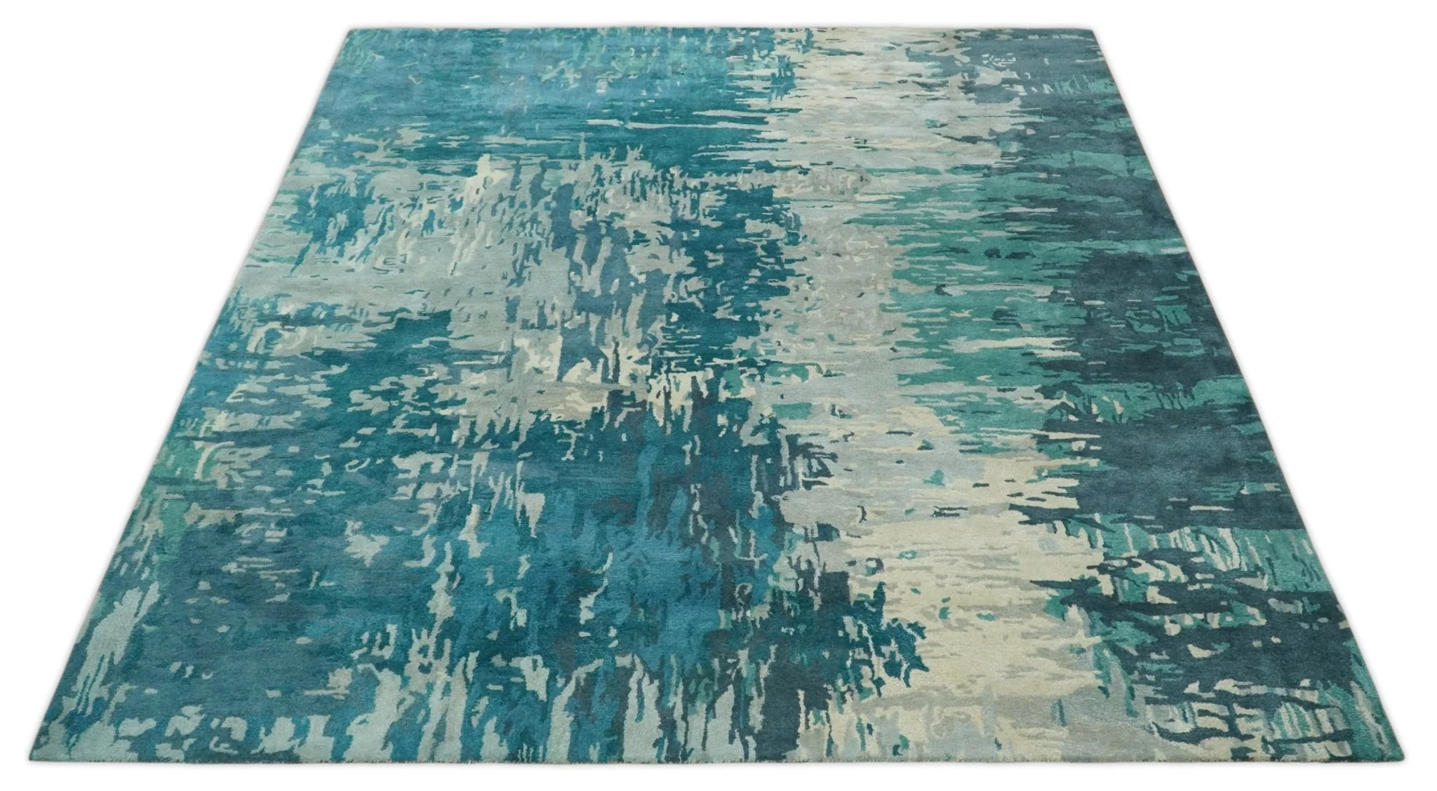 Square 9x9 Green, Silver and Beige Modern Abstract Handmade Wool and Art Silk Area Rug | BAN2 - Image 8