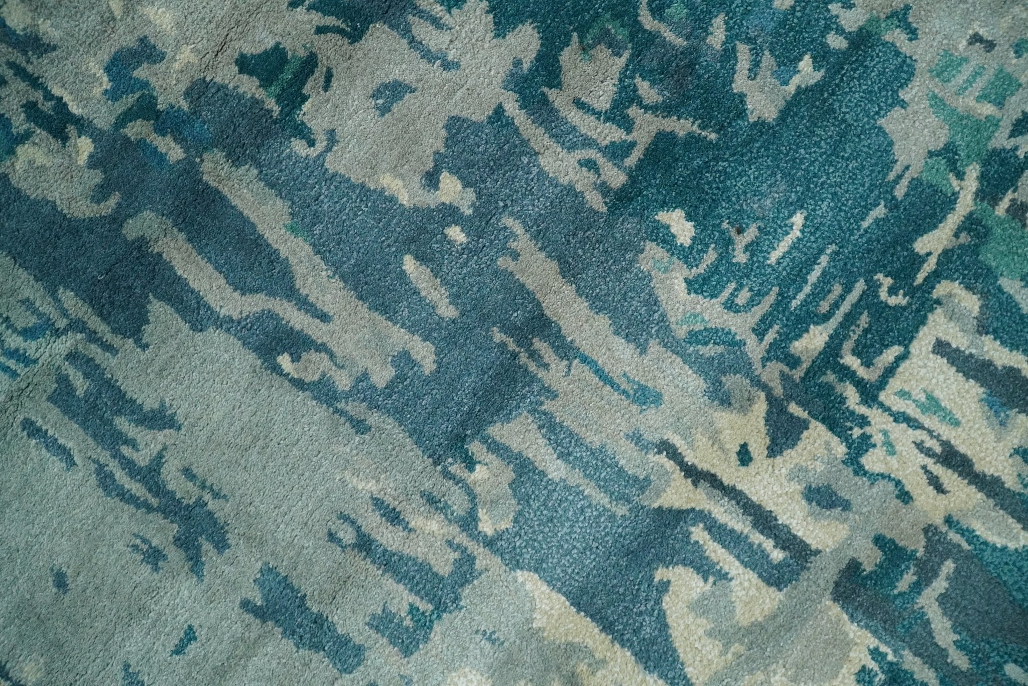 Square 9x9 Green, Silver and Beige Modern Abstract Handmade Wool and Art Silk Area Rug | BAN2 - Image 9