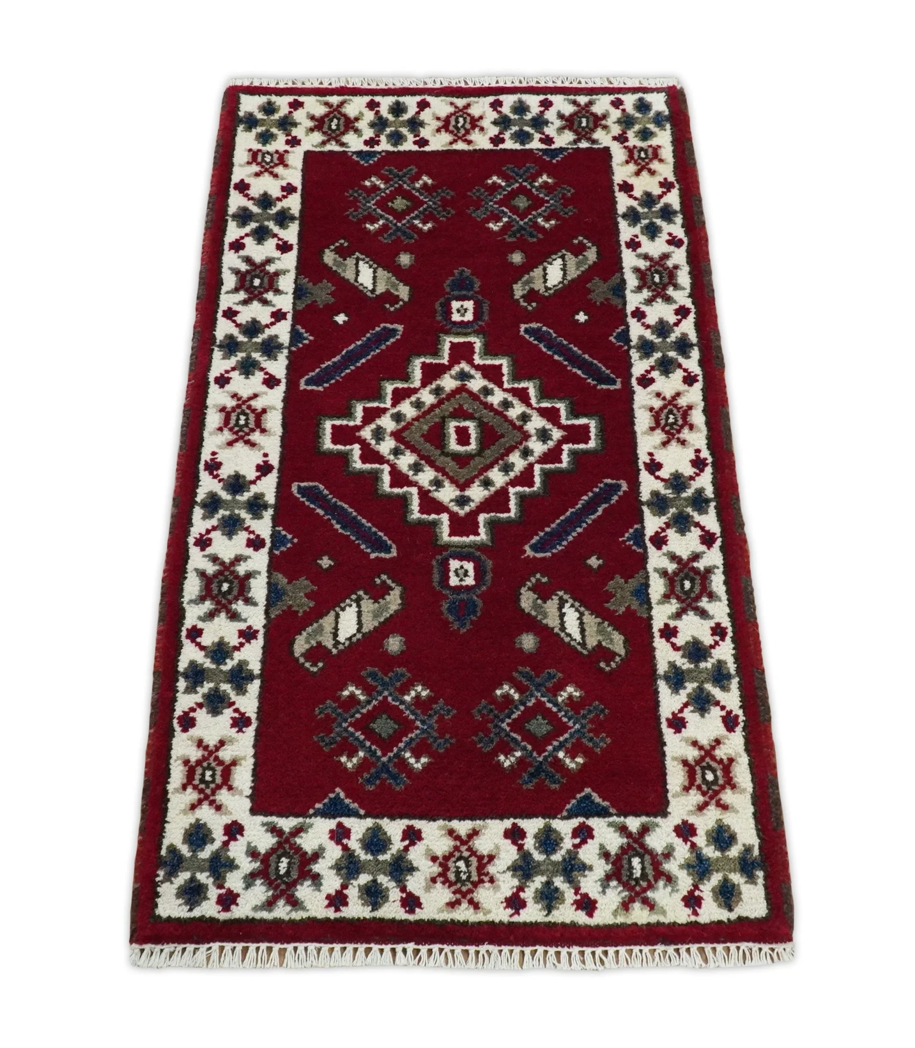 Hallway 2x4 Red and Ivory Wool Hand Knotted traditional Persian Vintage Antique Southwestern Kazak | TRDCP29324 - Image 3