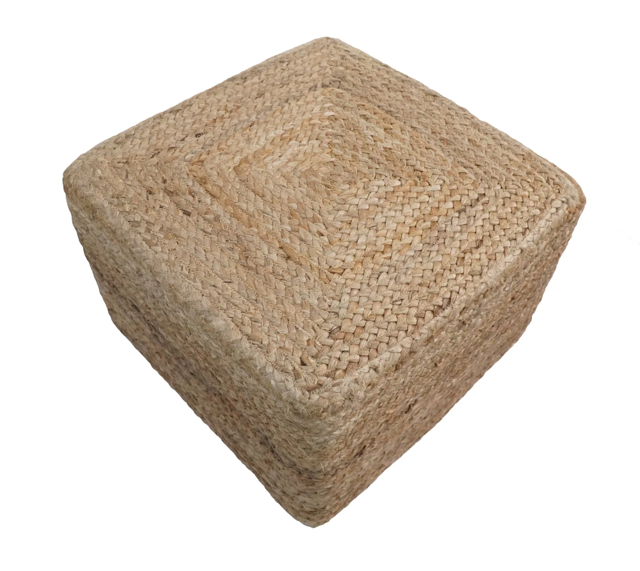Hand Braided Natural Brown Jute Square Pouf - Image 2
