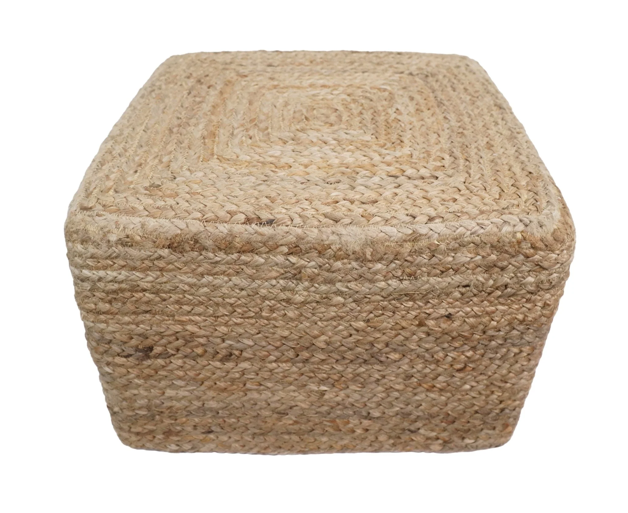 Hand Braided Natural Brown Jute Square Pouf - Image 3