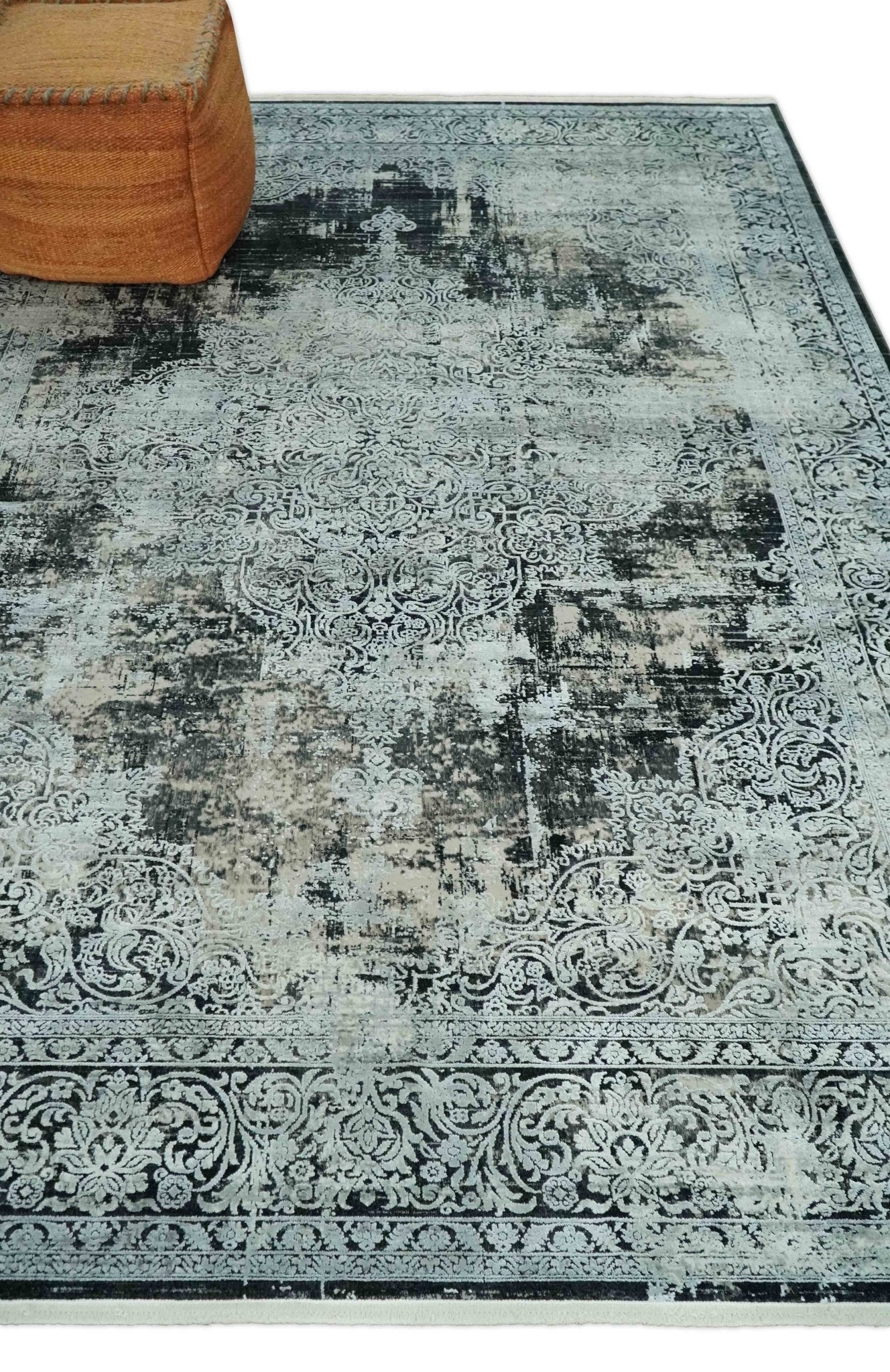 Black, Beige and Silver Antique Finish, Vintage look, Art Silk Area Rug, Living Room Rug - Image 3